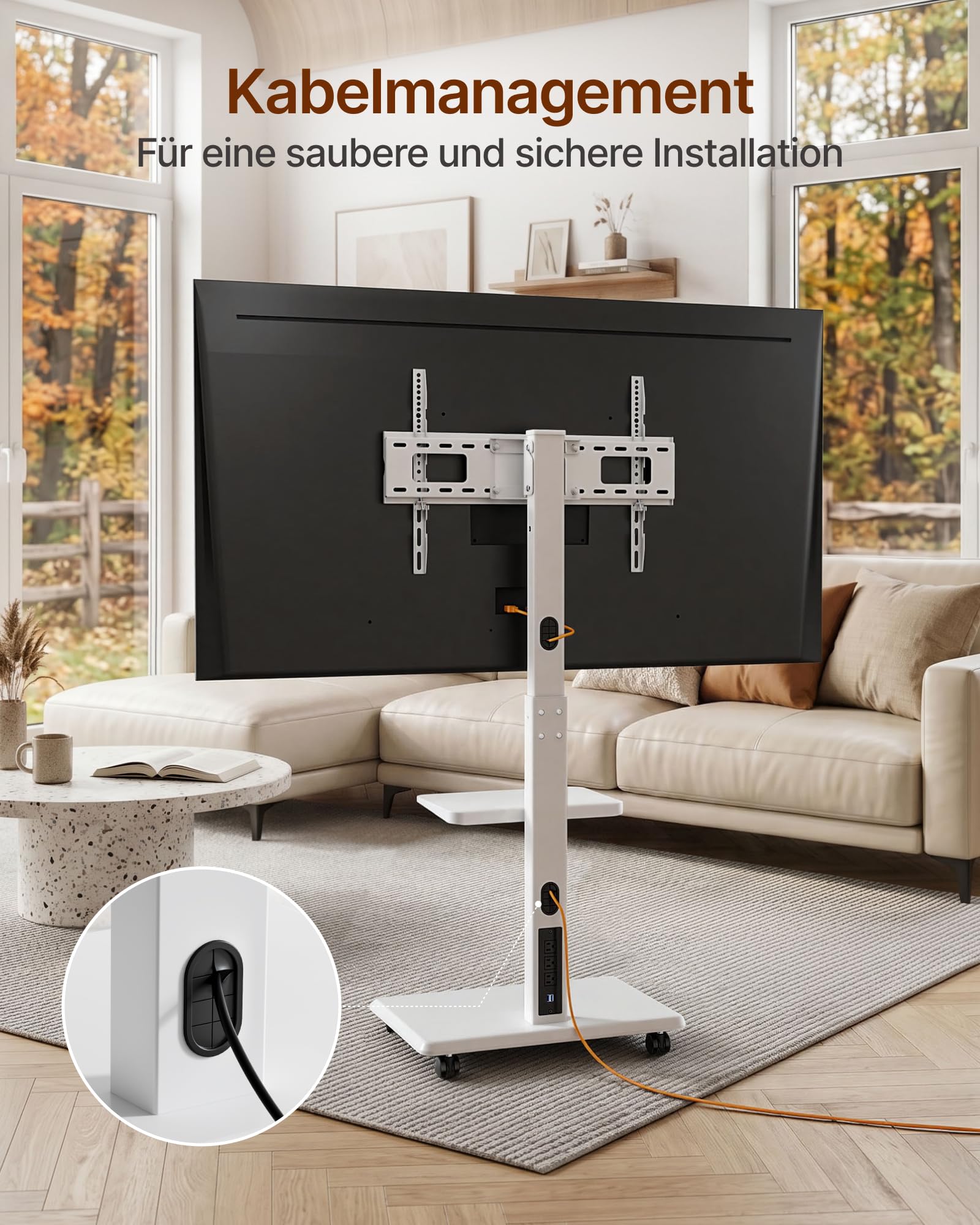 TV Ständer Rollbar für 37-75 Zoll bis zu 50kg, Max VESA 600x400mm | TV Standfüße mit Steckdose, Versteckter Kabelverwaltung, Höhenverstellbar, Schwenkbar, Neigbar, 2-Fache Tragkraft, Weiß