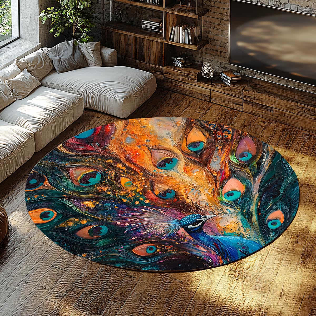 Tapis rond lavable 200cm grand rug salon moderne motif paon