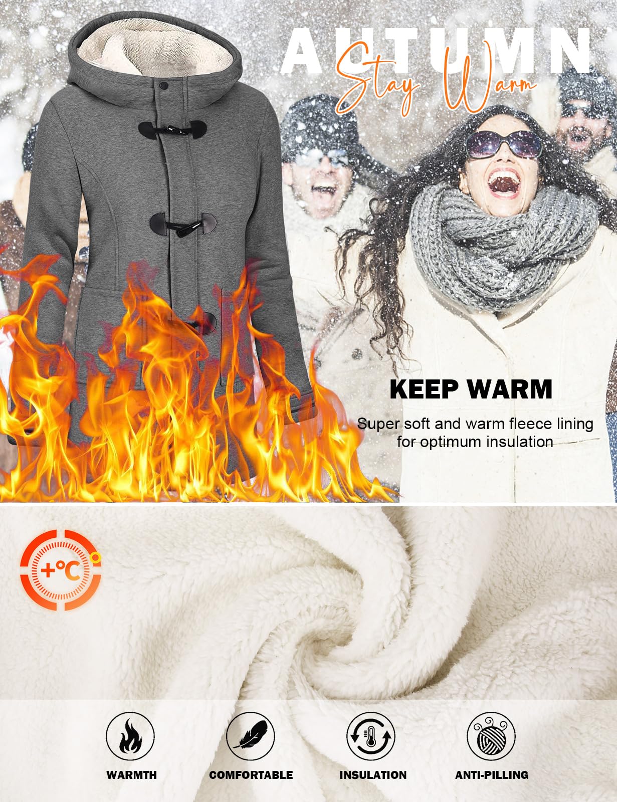 Yuson Girl Winterjacke Damen Fleecejacke Lang Wintermantel Warm Hornknopfjacke Einfarbig Kapuzenpullover Winter Cardigan Sweatshirt Damen Kapuzenjacke mit Knopf und Reißverschluss