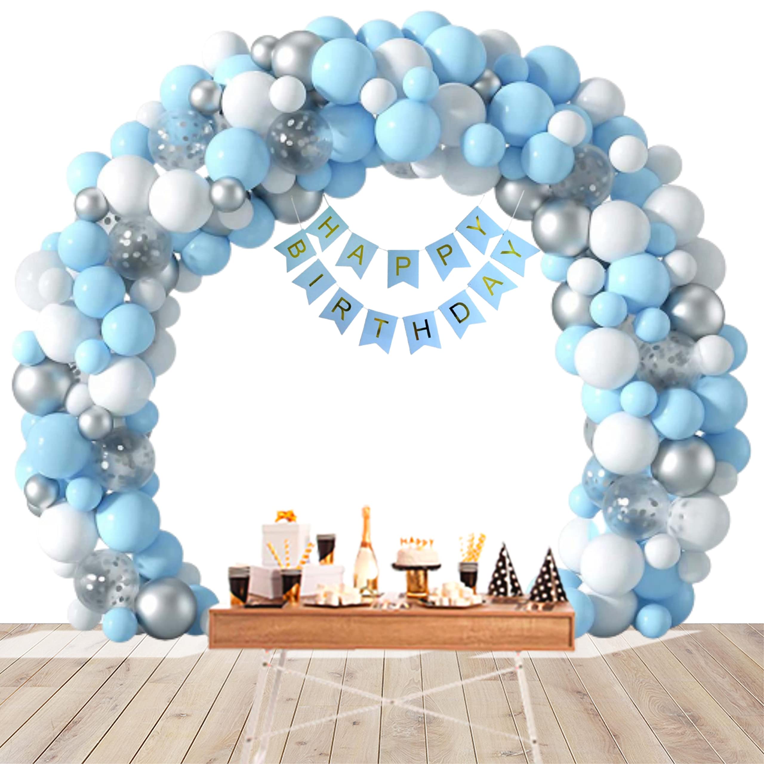 Party Decor Mall125 Pcs DIY Happy Birthday Kit ? White, Metallic Balloons, Confetti Balloon & Happy Birthday Banner (Blue-Silver)