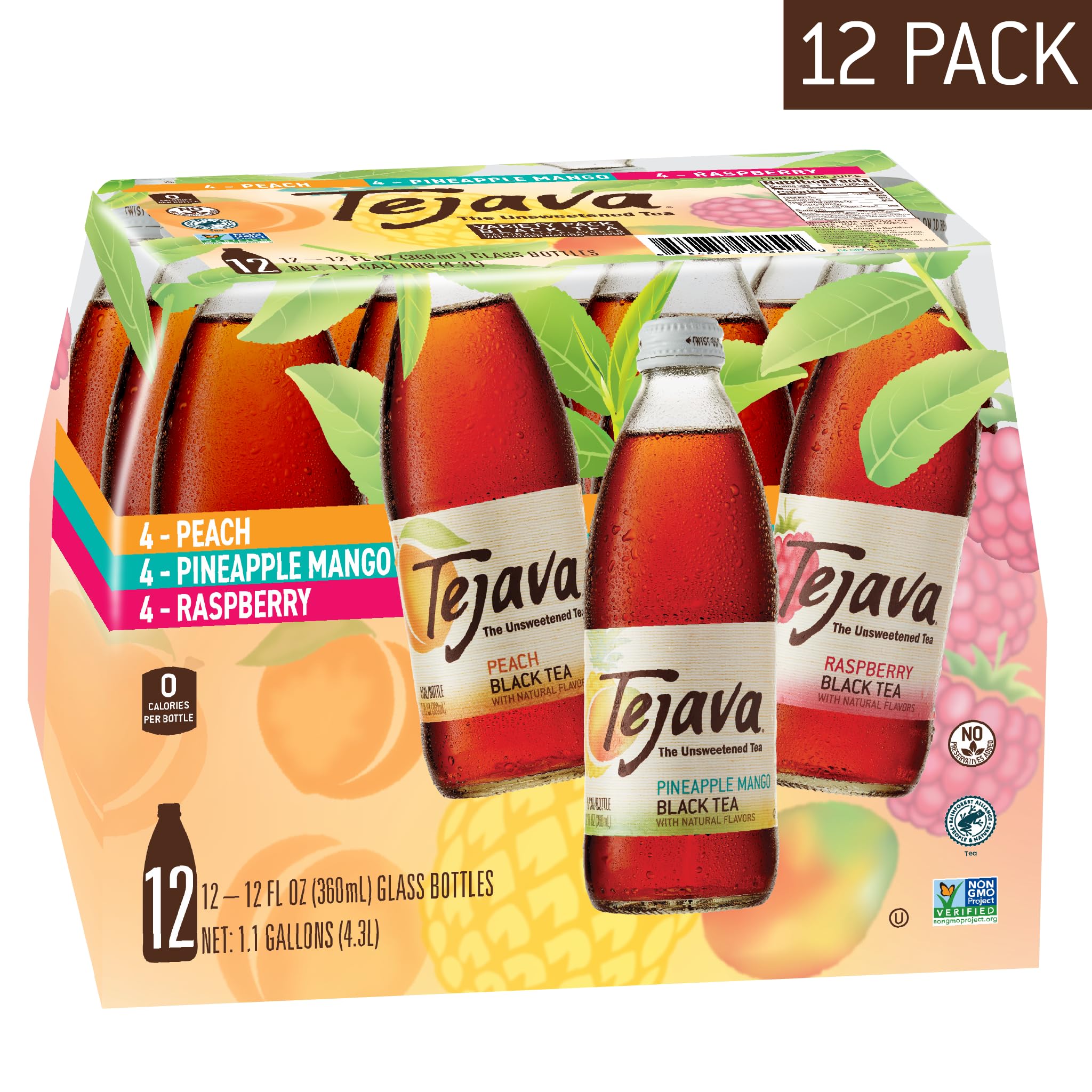 Tejava Black Tea Sampler, 12 ounce (12-Pack) Glass, Unsweetened, Peach, Raspberry and Pineapple-Mango, Ready-to-Drink Premium Iced Tea