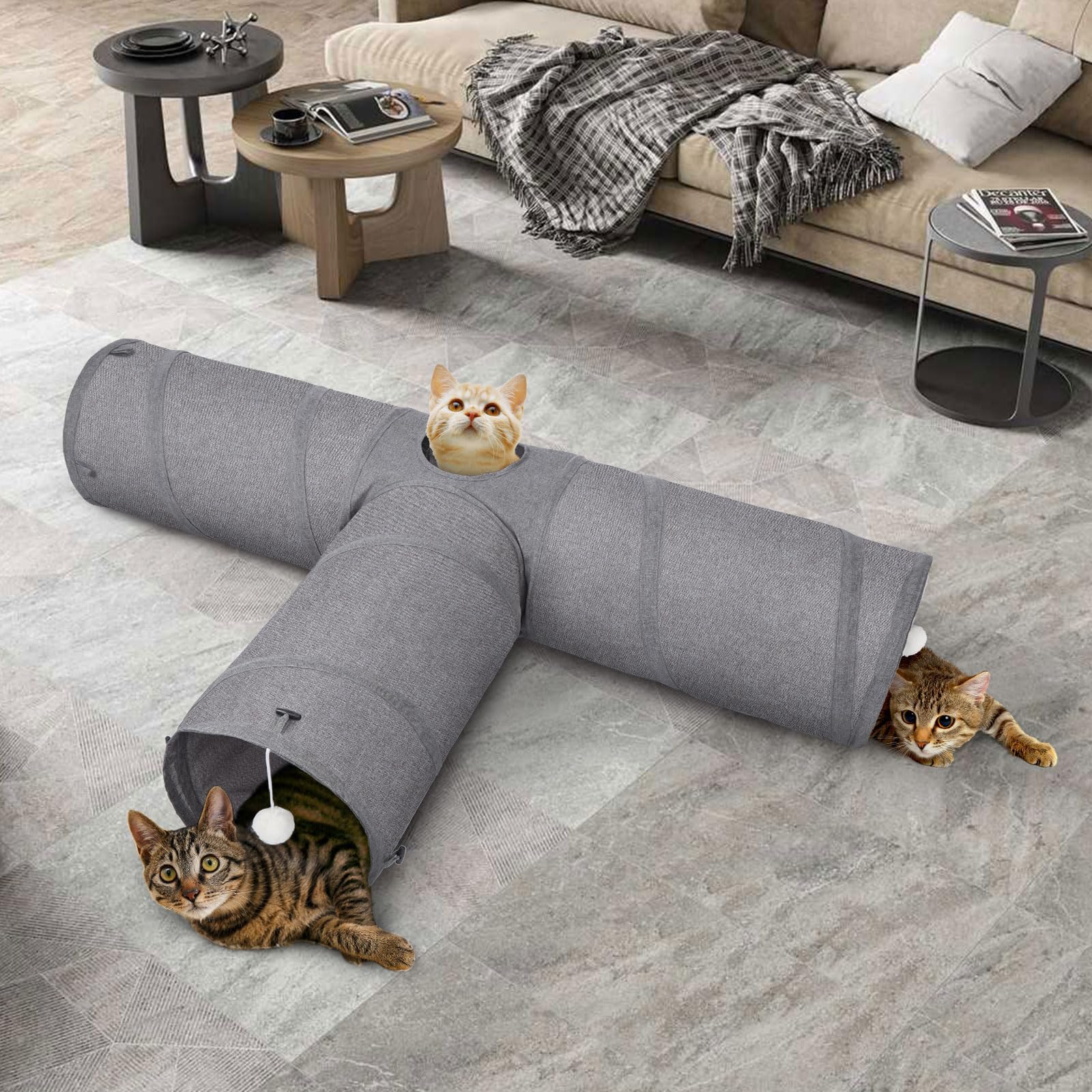 Ownpets Tunnel per gatti, grande tunnel per animali domestici a 3 vie con robusto tessuto Oxford, pieghevole e resistente agli strappi, con uscite multiple, palla sospesa e bacchetta teaser, diametro