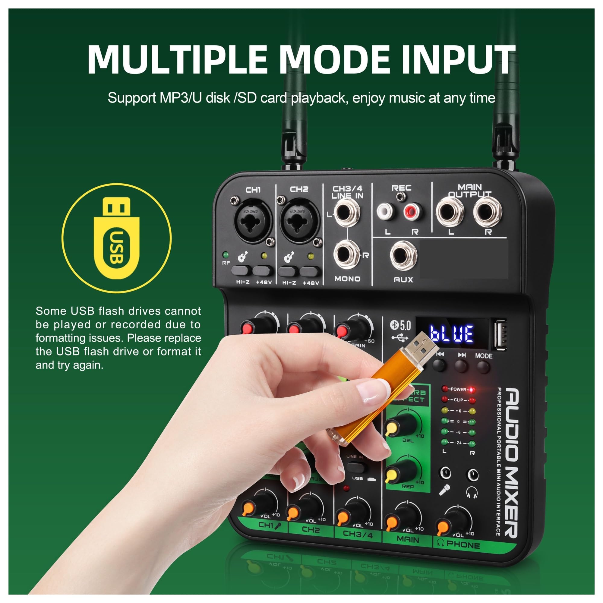 4 Kanäle Audio Mixer UHF Mikrofon Audio Interface Mischpult Bluetooth Record PC Delay Repaeat Effekt