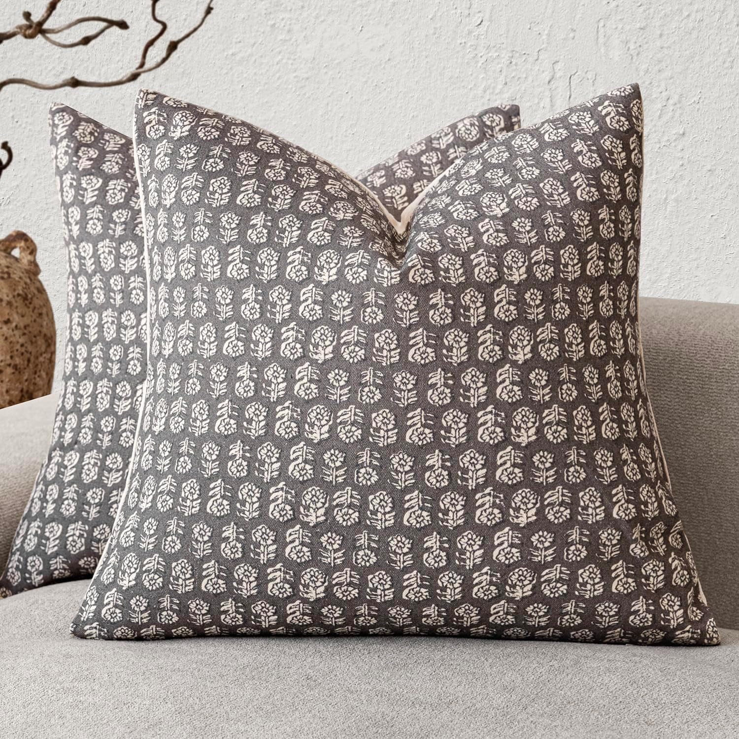 Foindtower Set of 2 Decorative Neutral Floral Print Throw Pillow Covers Vintage Accent Farmhouse Cushion Covers Boho Home Decor for Sofa Couch Chair Bedroom Living Room Outdoor,20×20 Inch,Rustic Gray