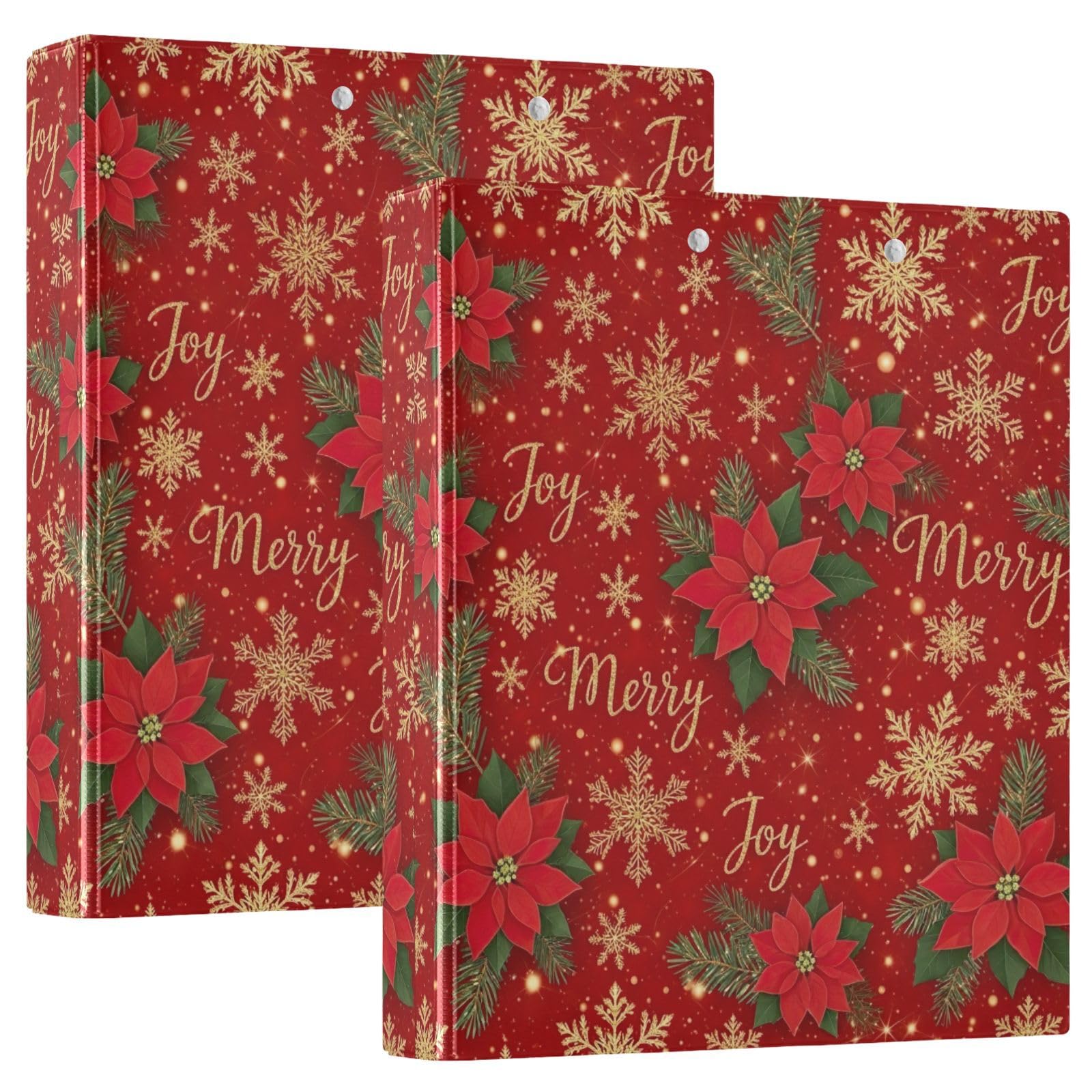 3 Ring Binder 2 Pack, Christmas Gold Snowflakes Red D Ring Binders with Pockets Large 3 Ring Binders for School, College, Office