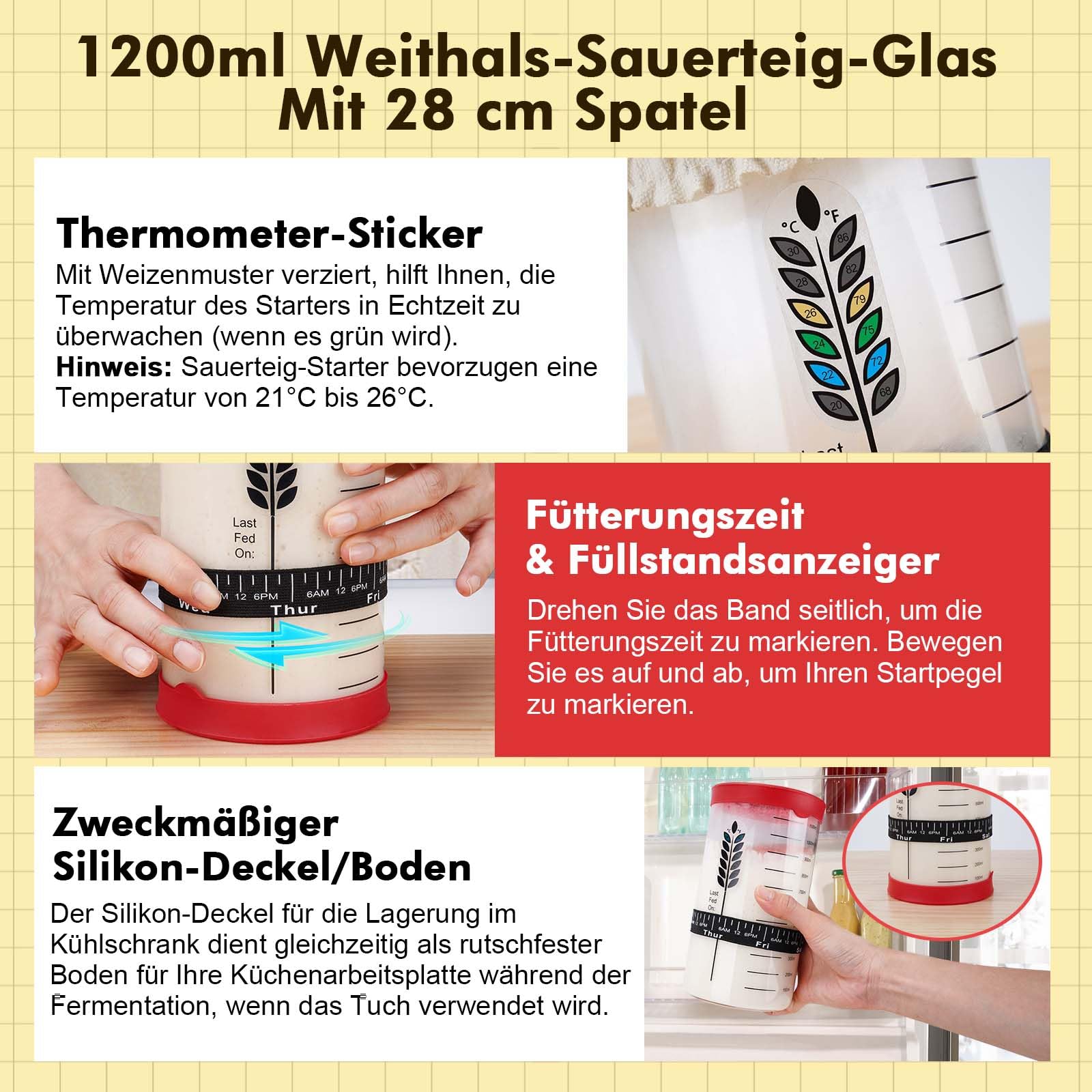 BakeEase Sauerteig-Set für Anfänger, 1200ml Sauerteigglas, 2 Gärkörbchen aus Silikon, Thermometer, Fütterungstracker, Sauerteigrezept, Dutch Oven Sling, Schaber, 18-teiliges Sauerteig-Starter-Set