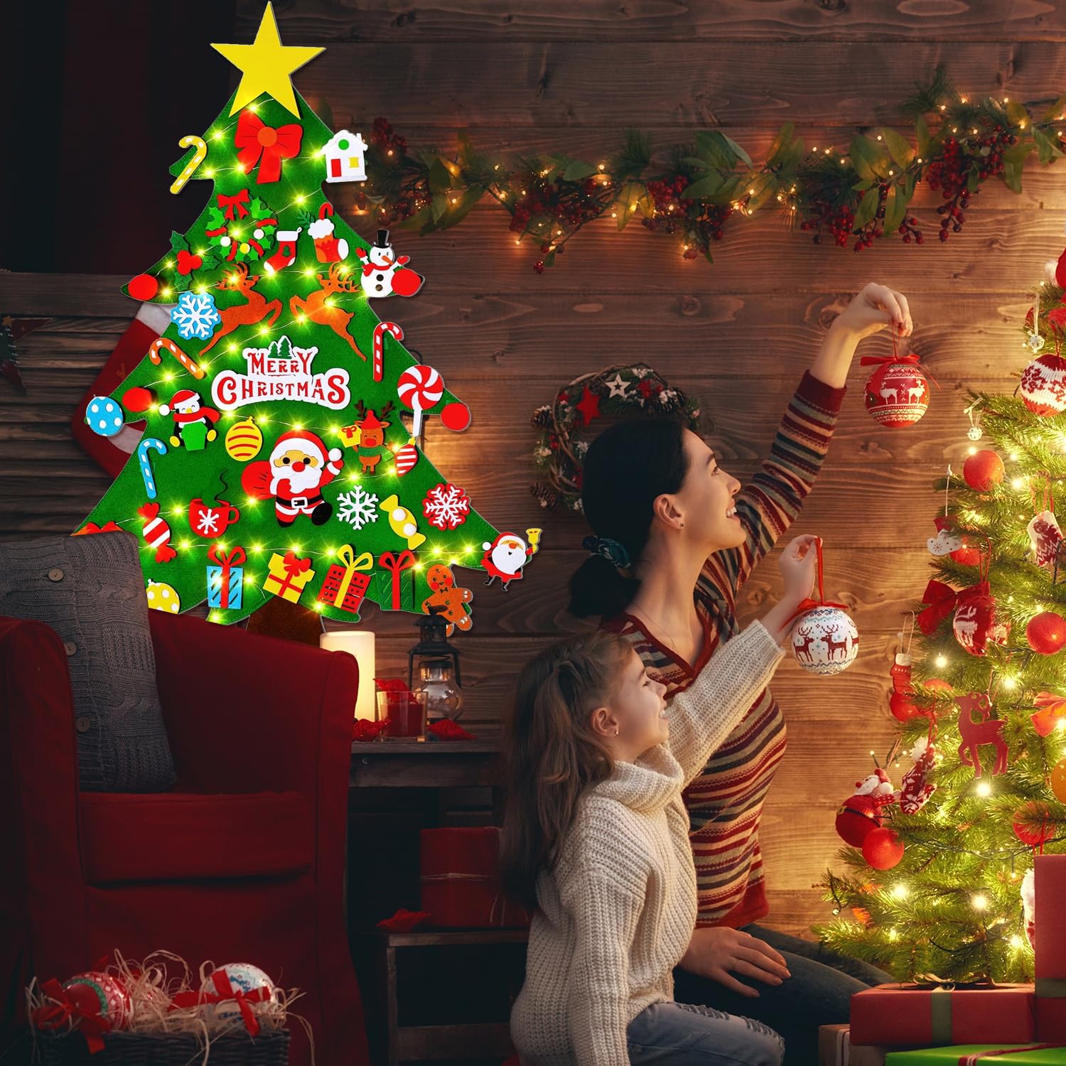 DONGTATA Filz-Weihnachtsbaum – 97,8 Cm Mit 32 Ornamenten & LED-Lichterkette