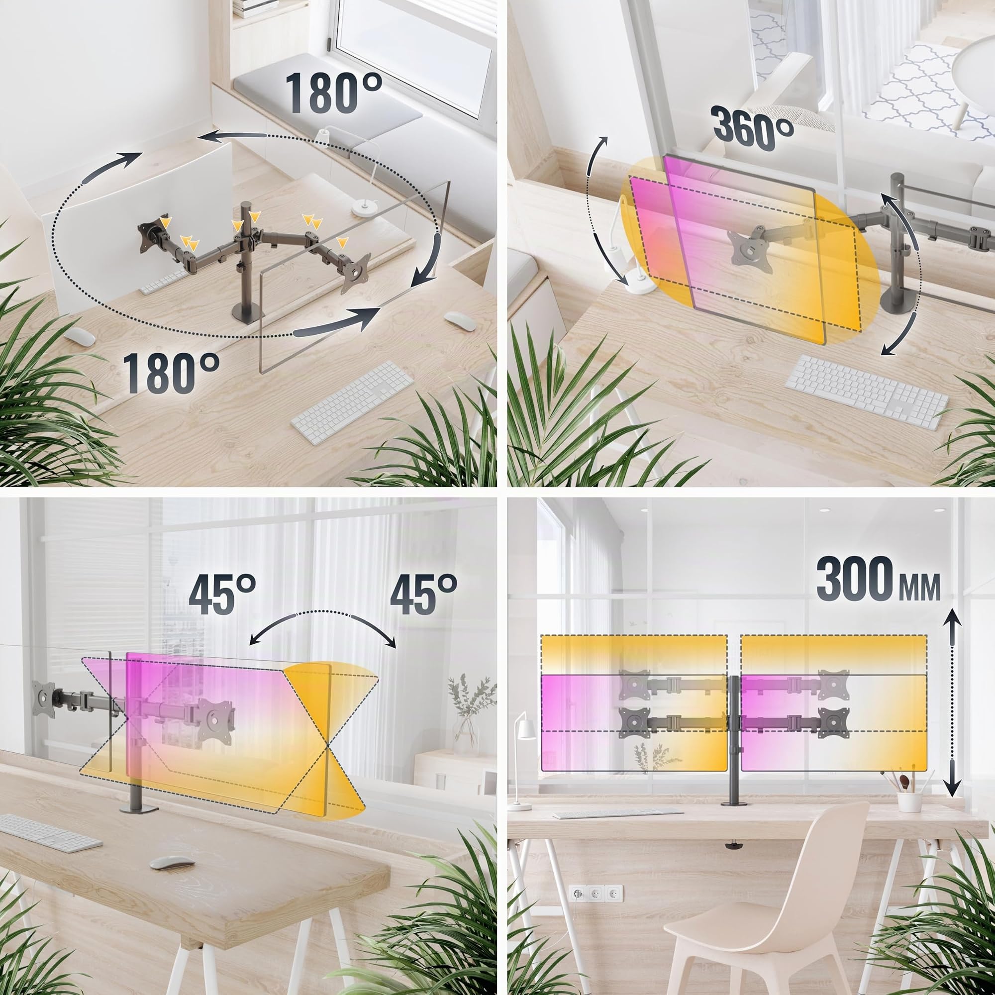 RICOO TS5811 Dual Support Écran PC 2 Écrans 13 17 19 22 24 27 Pouces Orientable Inclinable Rotatif Universel Fixation Bureau Pince de Table VESA 75x75 100x100