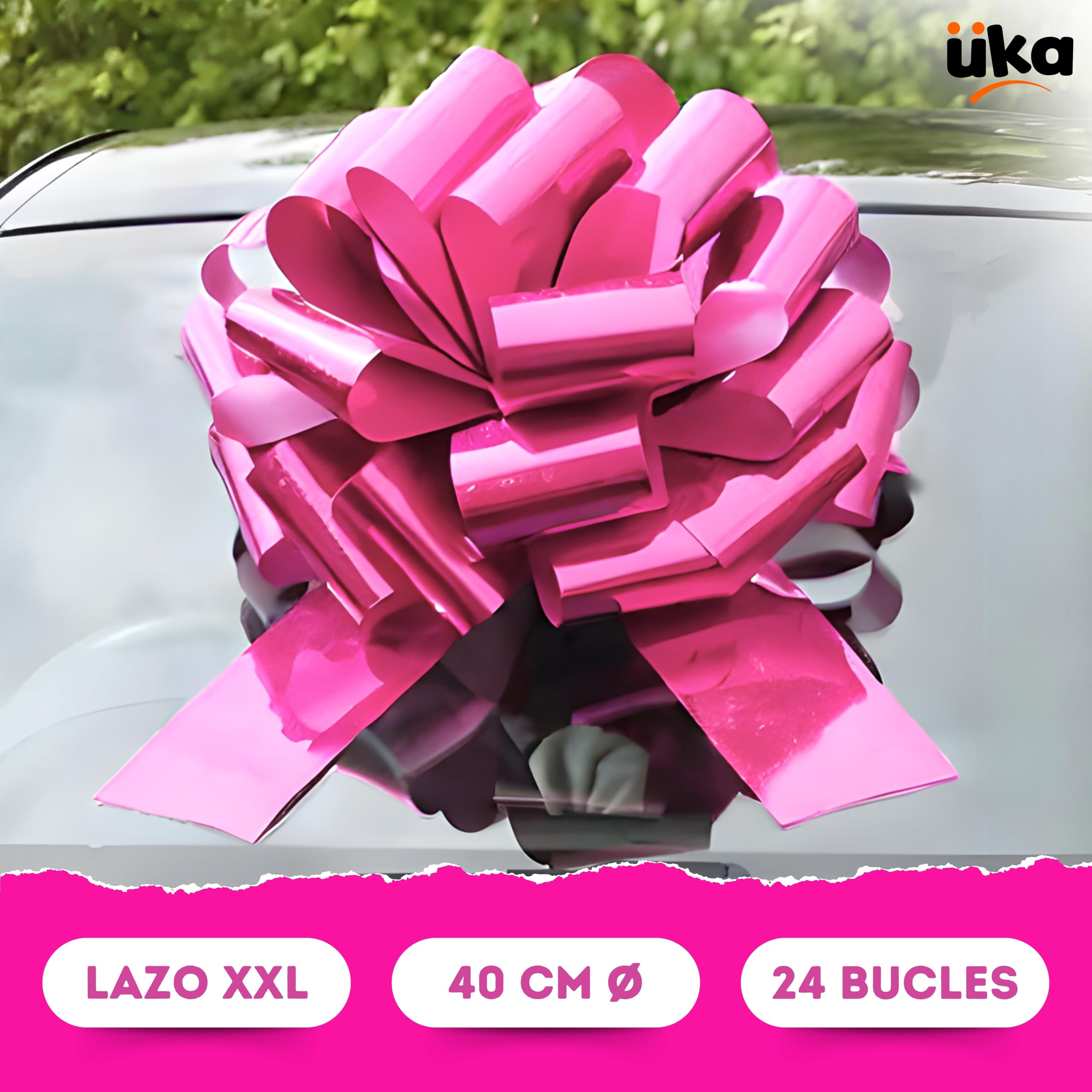 Üka • Lazo de Regalo Gigante. Diámetro de 40 cm. Lazo Grande para Regalo en Rosa Metalizado. Lazo de Regalo XXL para Coche, Bicicleta y Moto. Montaje Fácil y Reutilizable.