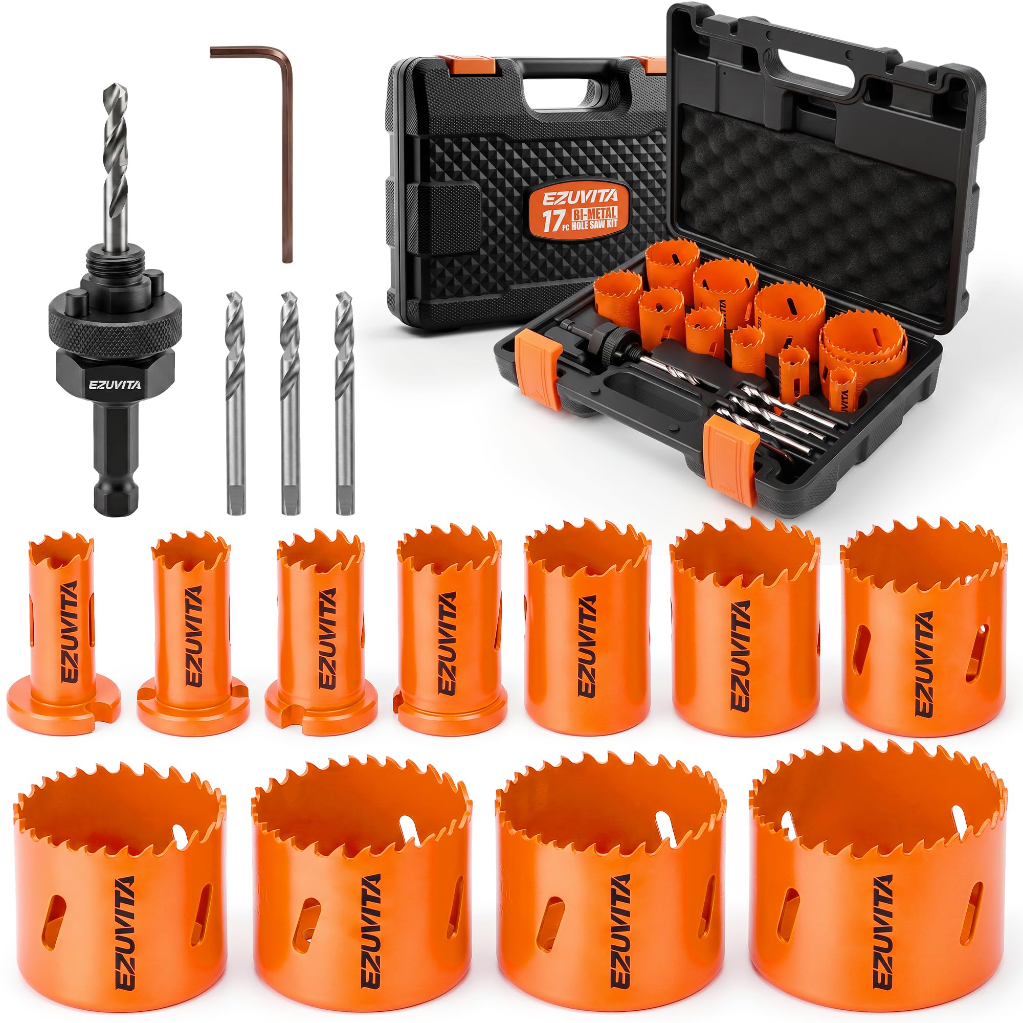 EZUVITA Bi-Metal Hole Saw Set, 17PCS 19-64mm Hole Cutter Set with Drill Bit , One Arbor Fits All Hole Saws, Suitable for Wood, Metal, Plastic, Plasterboard, Includes Hex Key and Storage Box