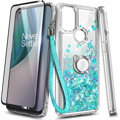 NZND Case for OnePlus Nord N10 5G with Tempered Glass Screen Protector (Maximum Coverage), Ring Holder, Wrist Strap, Sparkle Glitter Flowing Liquid Women Girls Cute Case (Teal)