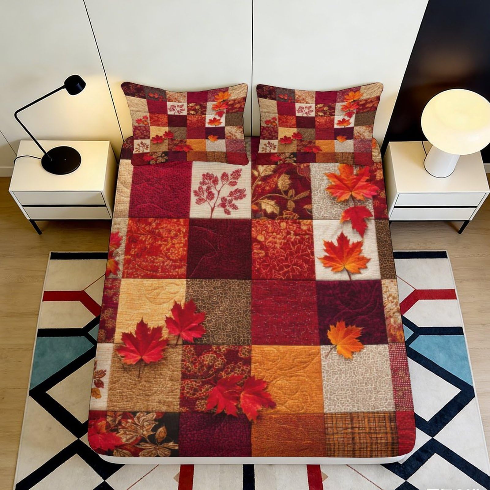 3D Printed Autumn Patchwork Fitted Sheet Microfiber Soft Anti-Slip Maple Leaves Bed Cover for Bedroom Guest Room Dorm Decor 90x200x25cm