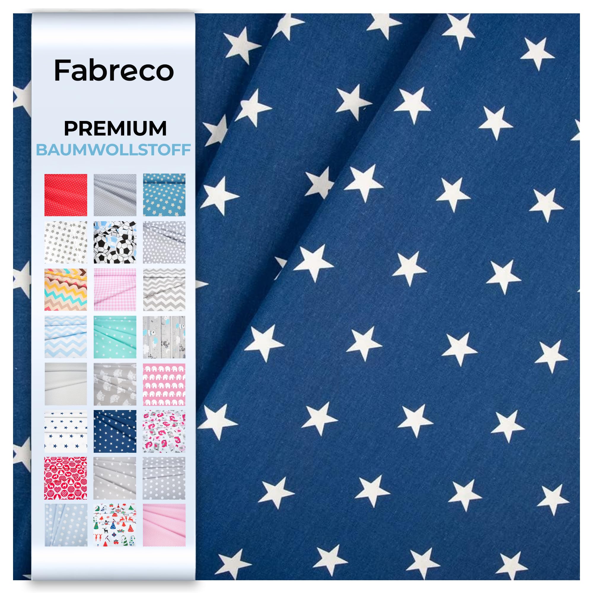 Fabreco - Baumwollstoff Meterware - 220g/lfm | Stoff Meterware mit Muster: Sterne dunkelblau | Weich, langlebig & hautfreundlich