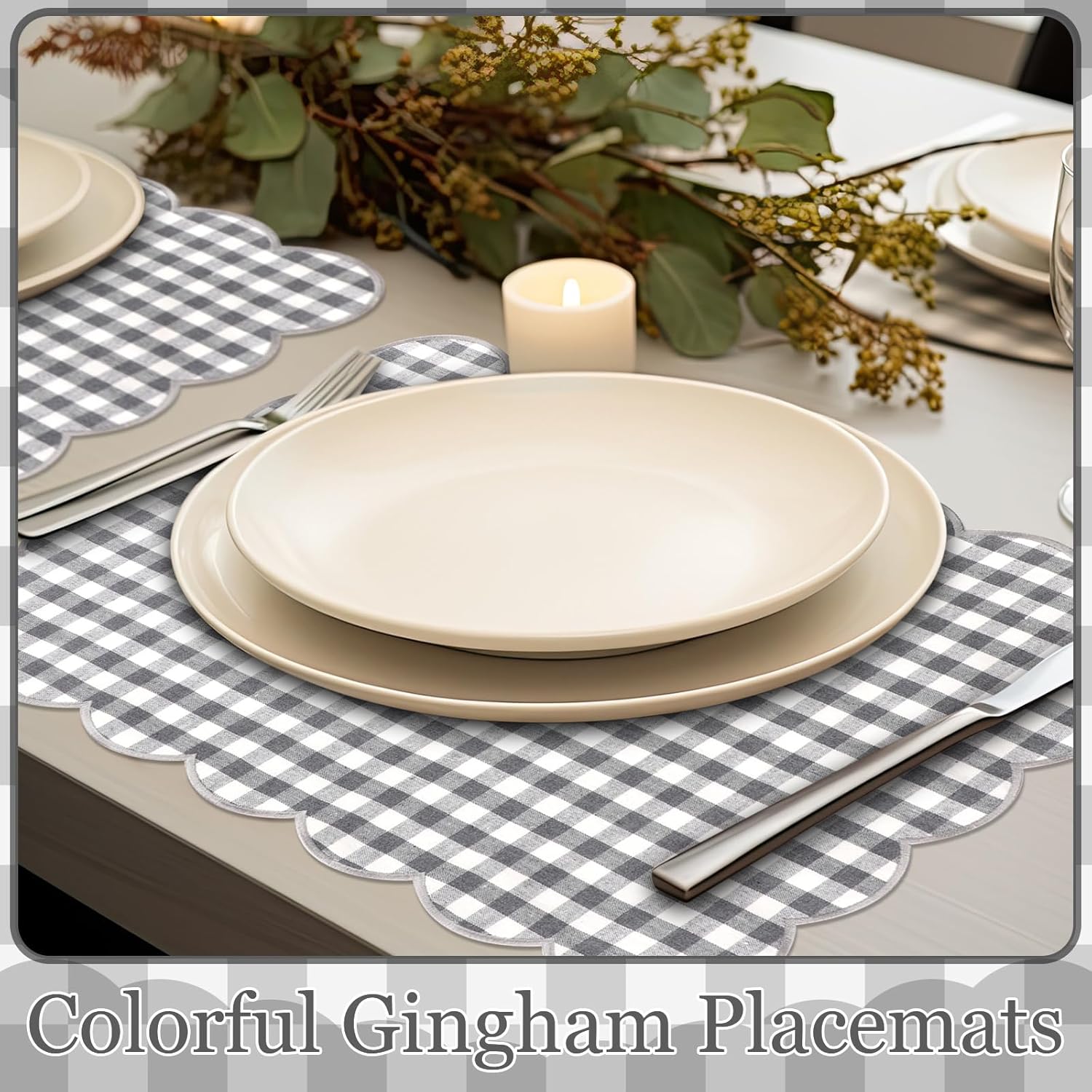 SmoothNovelty 6 Pcs Gingham Linen Placemats 13 x 19 Inch Check Plaid Table Mat Buffalo Plaid Washable Scalloped Wavy Embroidery Placemat for Spring Dining Tables Tea Party(Grey)