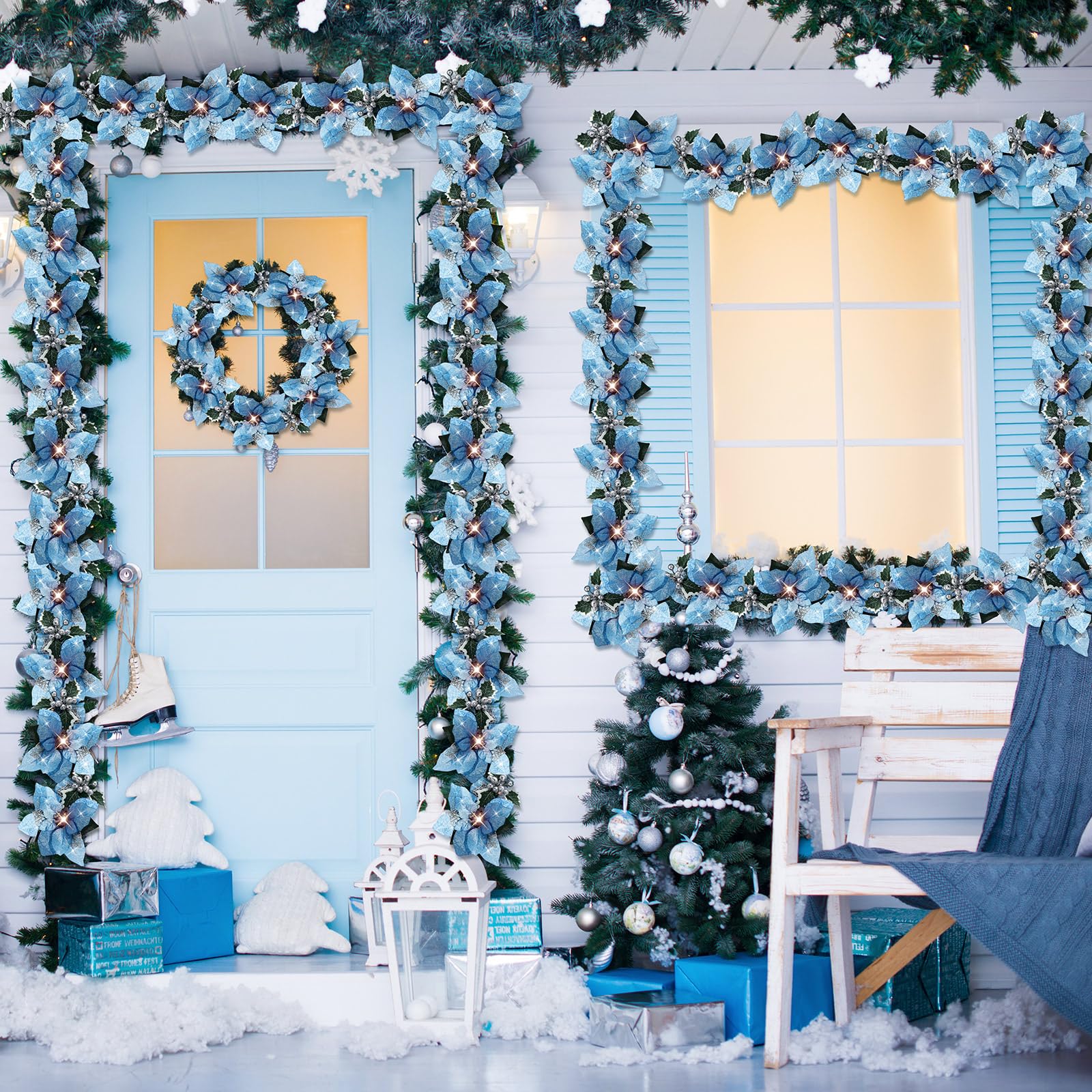 Zubebe 4 guirnaldas de Navidad preiluminadas de 6.5 pies con cadena de luces con purpurina, hojas de acebo, bayas, temporizador remoto, 8 modos, guirnalda de flores iluminadas, funciona con pilas