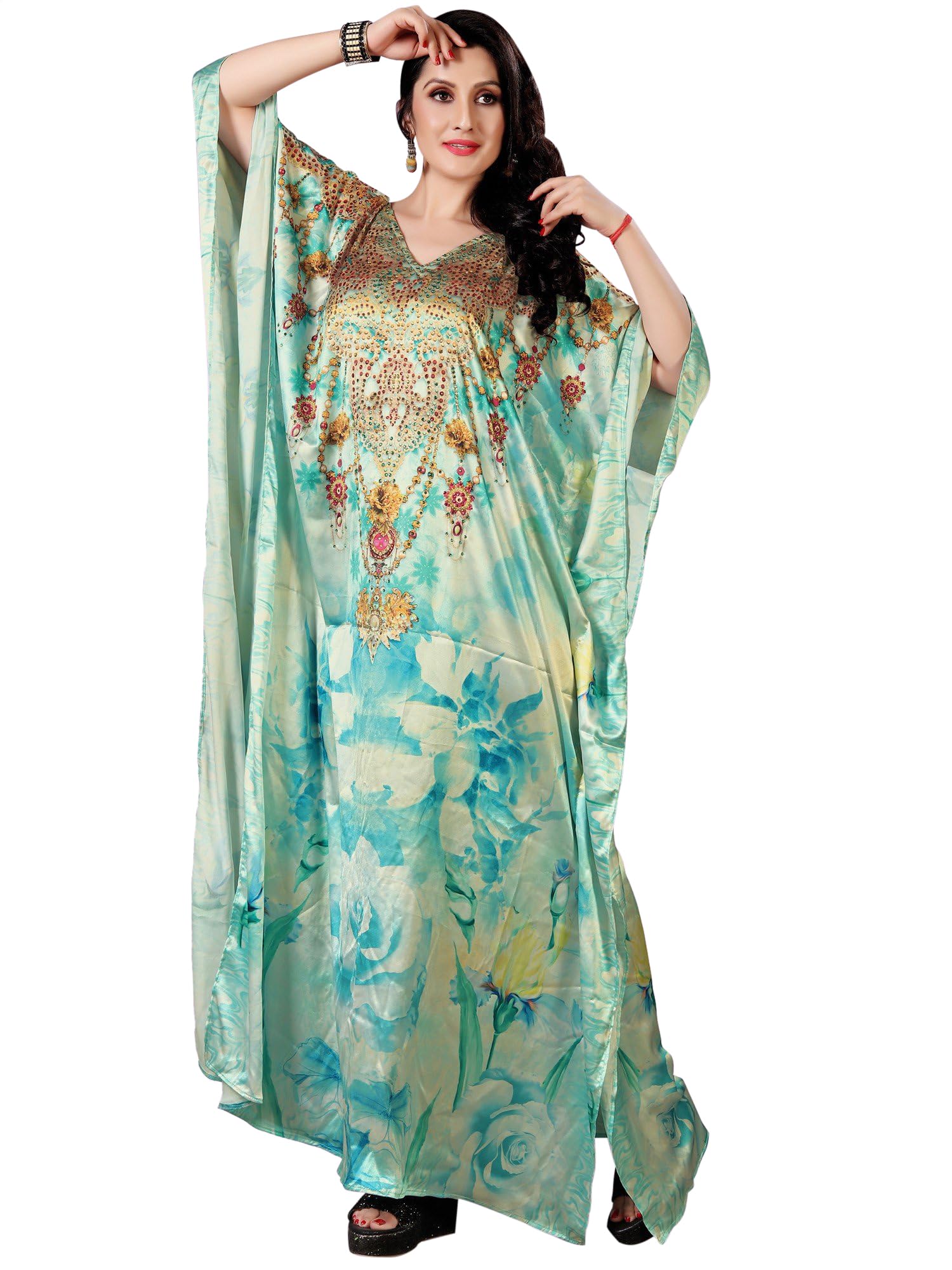 exotic india Beach Grass Satin Stone Work Long Kaftan with Printed Flowers Stylish Women's Floral Dress for Holiday & Beach-picture-28