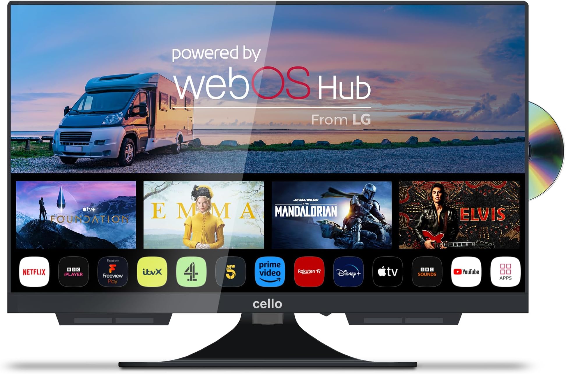 Cello C1924WSF 12 Volt 19 inch Smart Frameless TV With Built-in DVD | Ultrafast WebOS | Freeview Play | Pitch Perfect Speakers | Bluetooth | Netflix | Small TV for Motorhomes | Made in the UK