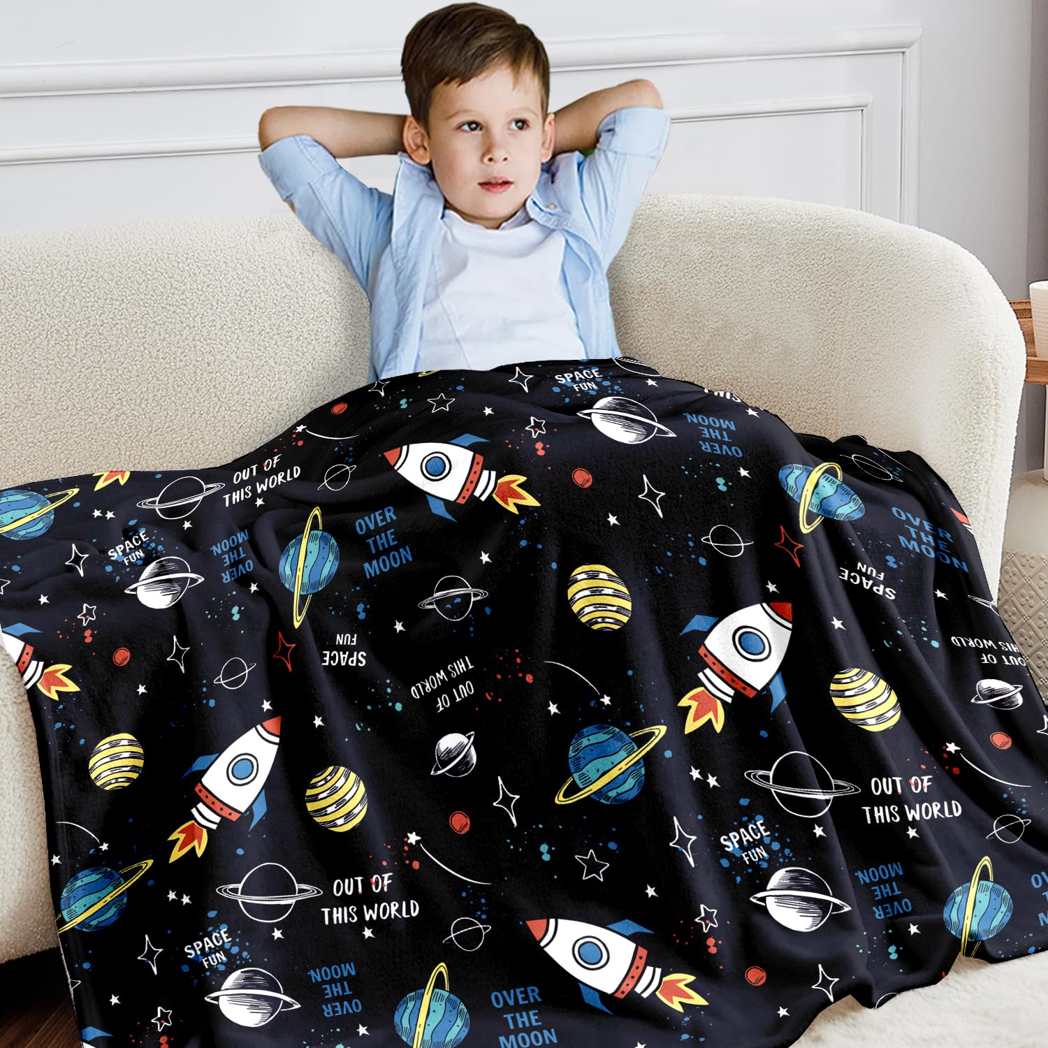 Wajade Toddler Fleece Blanket for Boys - 3D Space Rocket Planets Soft Throw - Birthday, Christmas, Halloween Decor - 50