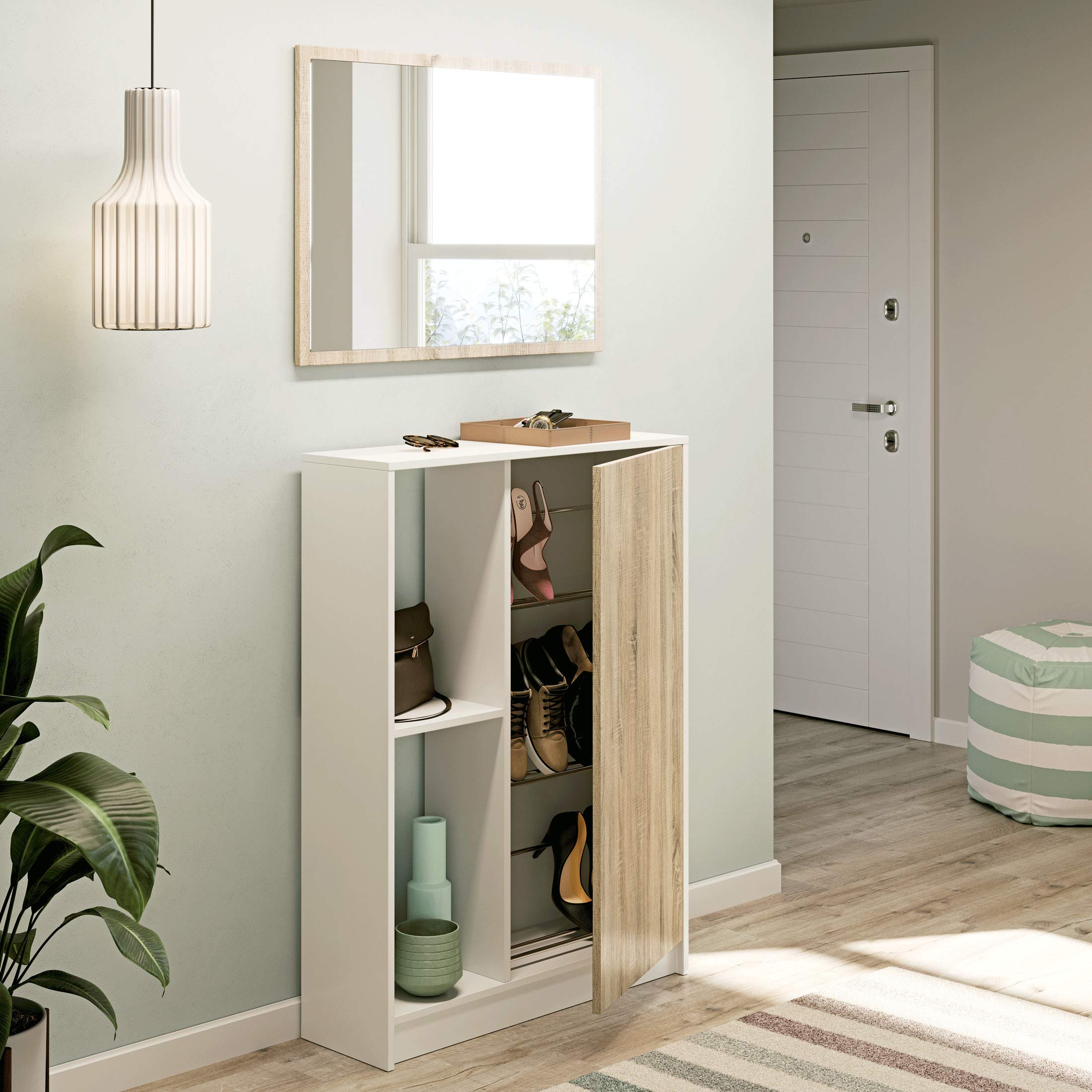 Muebles Pitarch Scarpiera/Mobili da Ingresso Neo, 110 x 80 x 25 cm (altezza x larghezza x profondità), Colore Quercia/Bianco Lucido