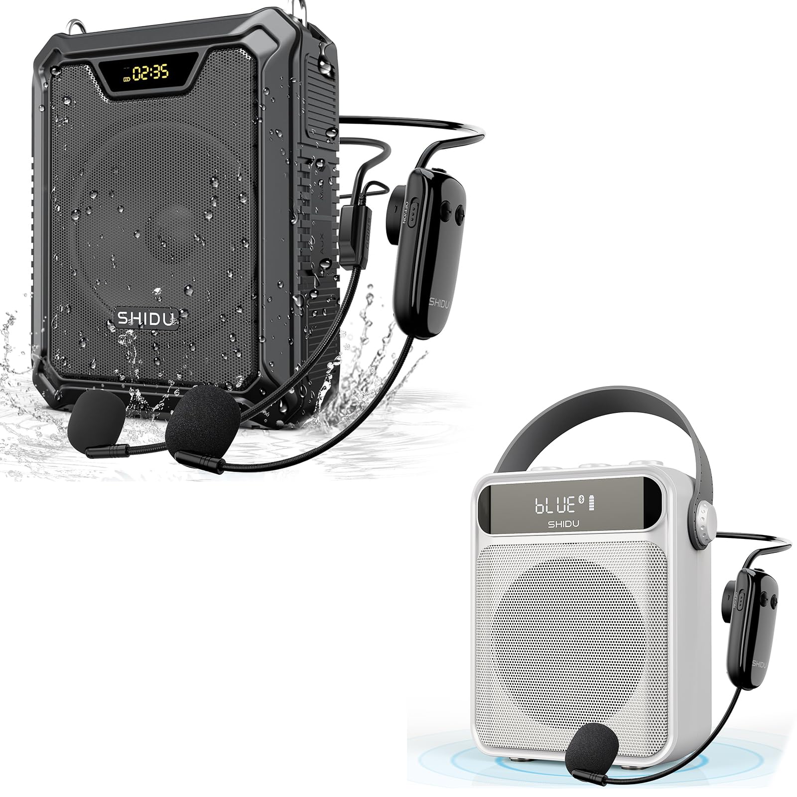 SHIDU Voice Amplifier with IPX6 Waterproof rating, shown with water splashing around it.