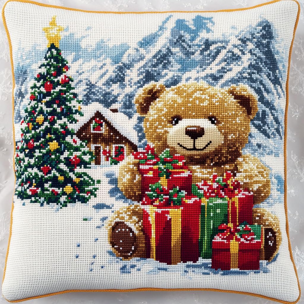 Ambattery E 11Ct Cross Stitch Cushion Kits, Winter Christmas Tre And Bear Cross Stitch Kits For Beginners Mbroidery Pillow Cas Diy Needlework Pillow Kits Hom Decoration 45X45cm