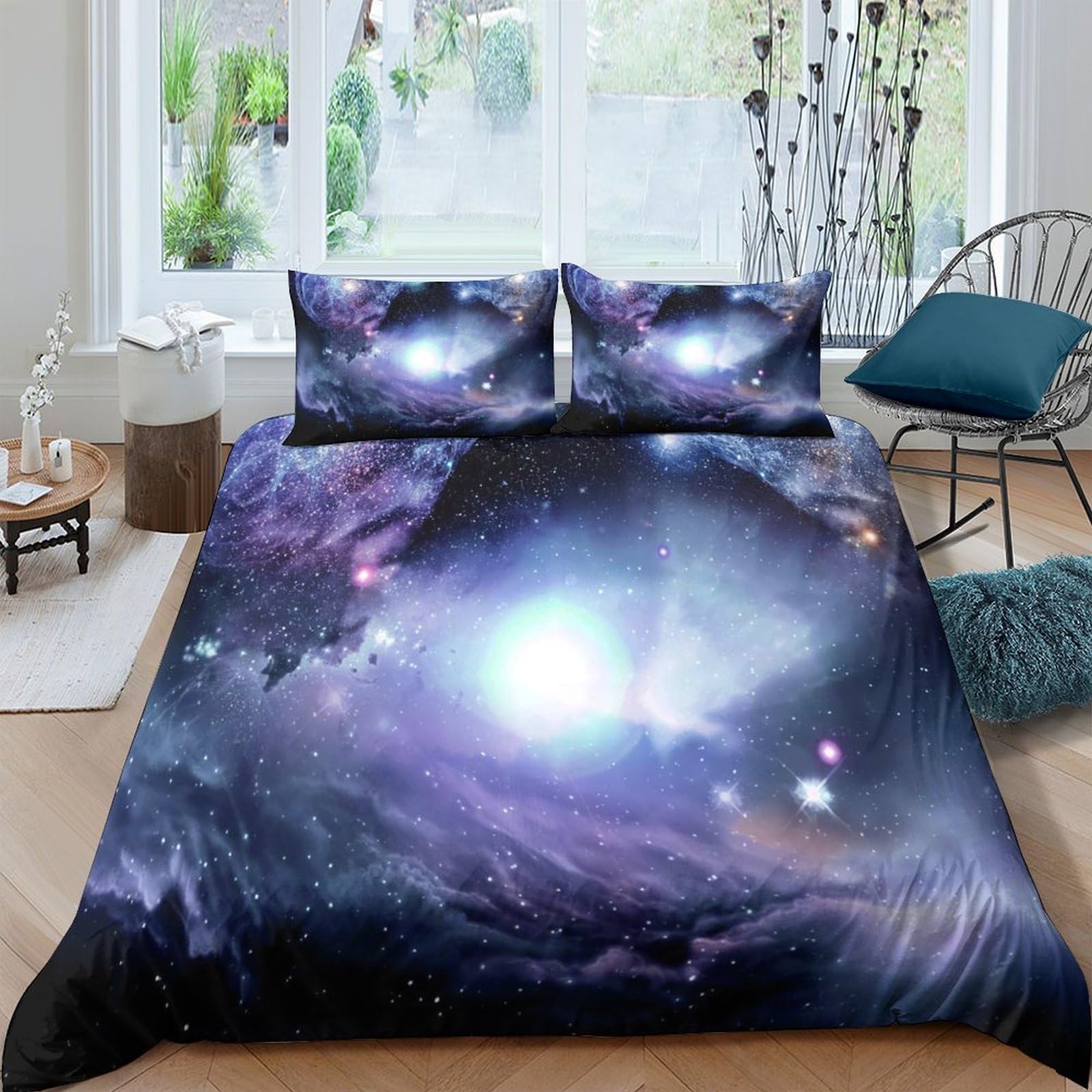 GPLZQXKJNH 3D Printed Galaxy Starry Sky Duvet Cover Microfiber Soft Breathable Cosmic Nebula Bedding Set with 2 Pillowcases Single（135x200cm）