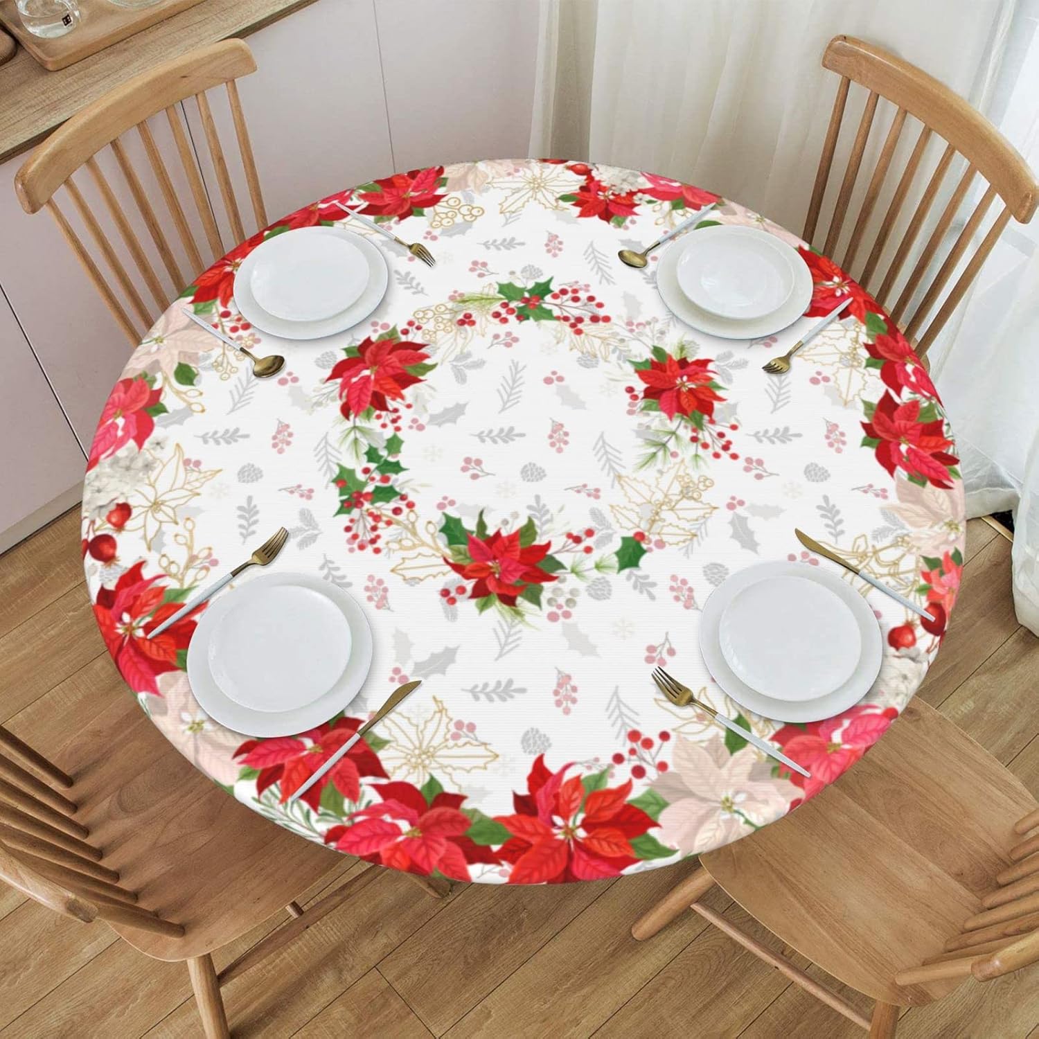 Aiojool Christmas Flower Tablecloth Elastic Edged Round