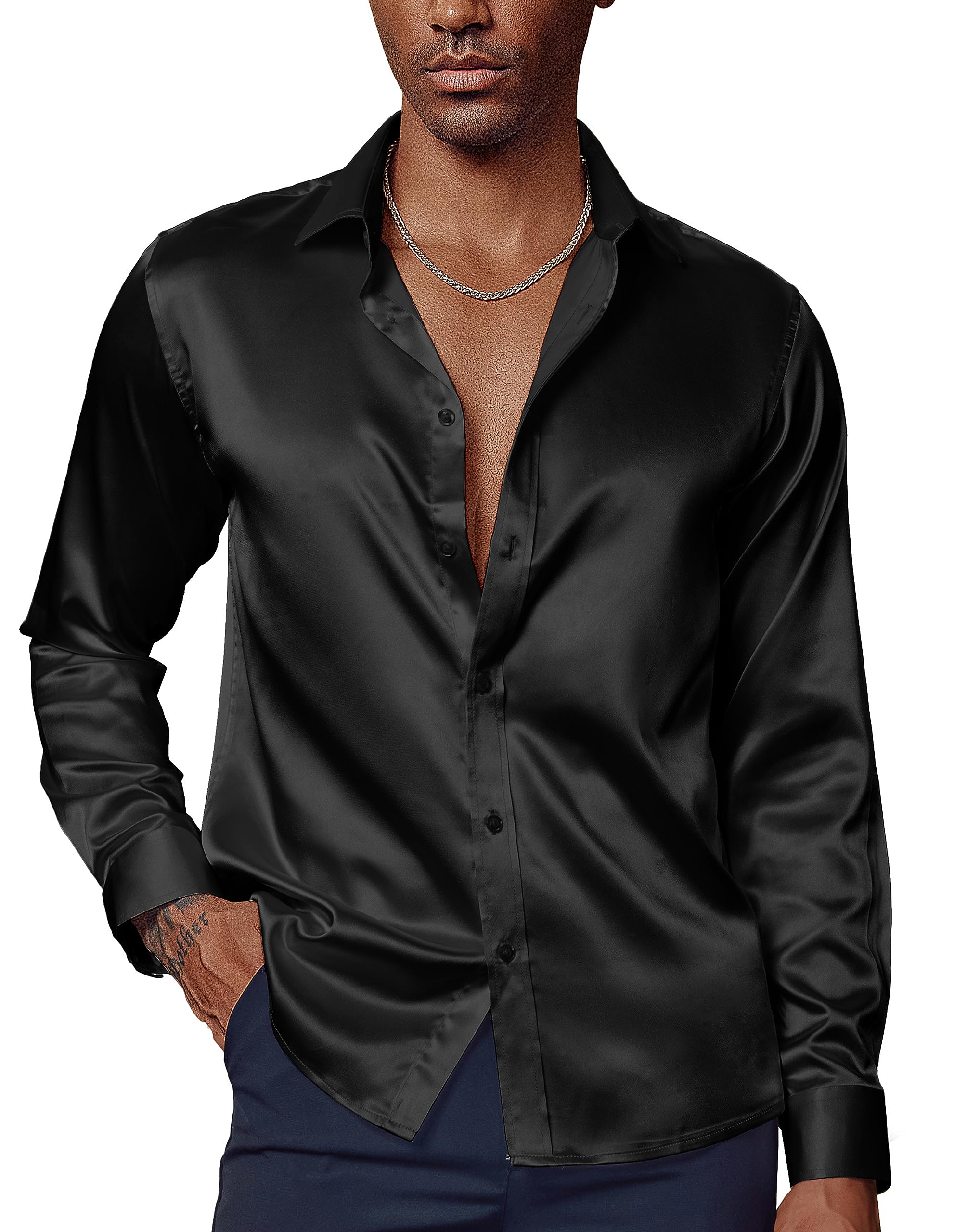 PaulJones Business Shirt Men's Long Sleeve Non-Iron Satin Shirt Party Wedding Shirt with Matching Bow Tie