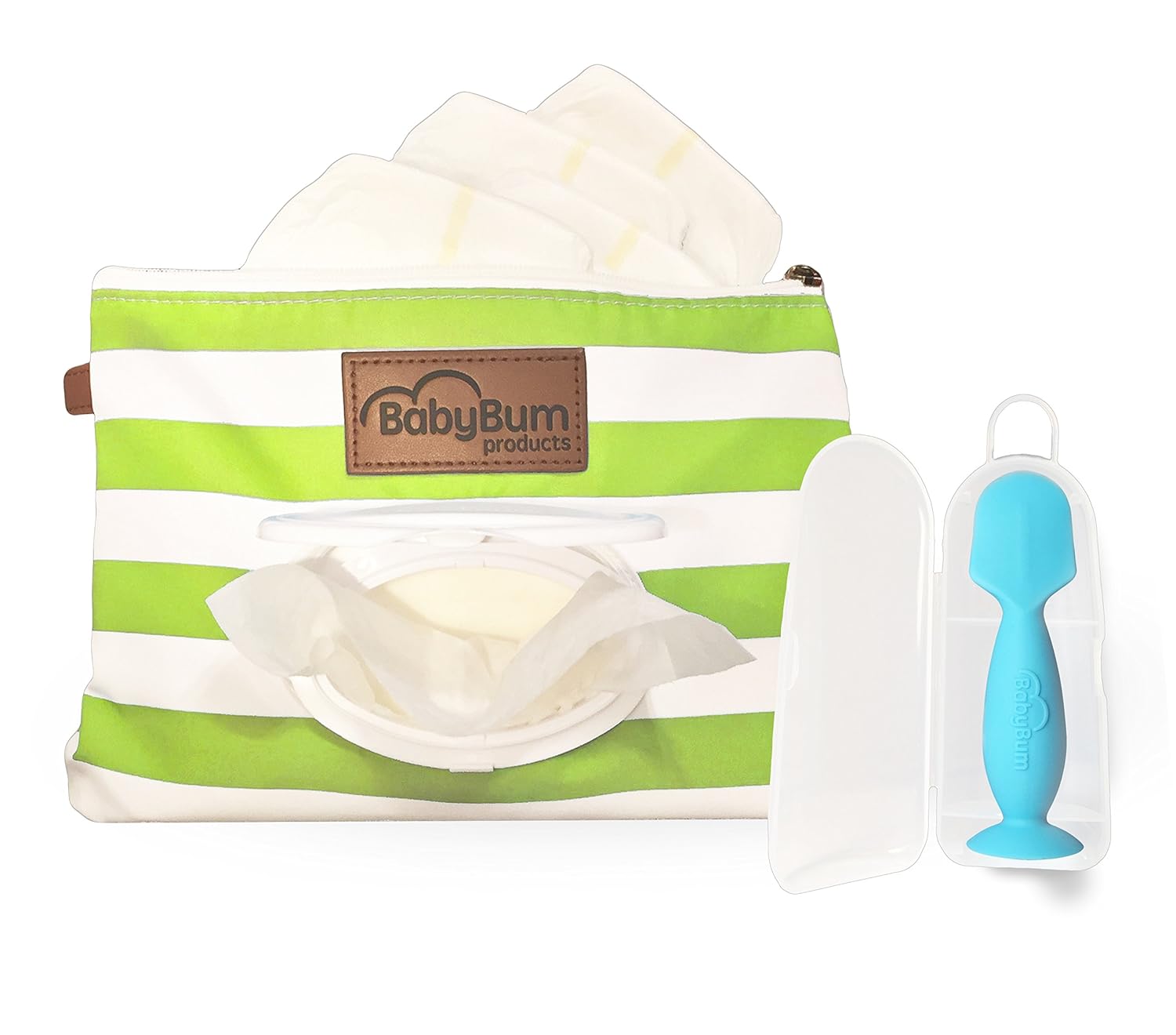 Green BabyBum Diaper Clutch + Blue Mini Diaper Cream Brush