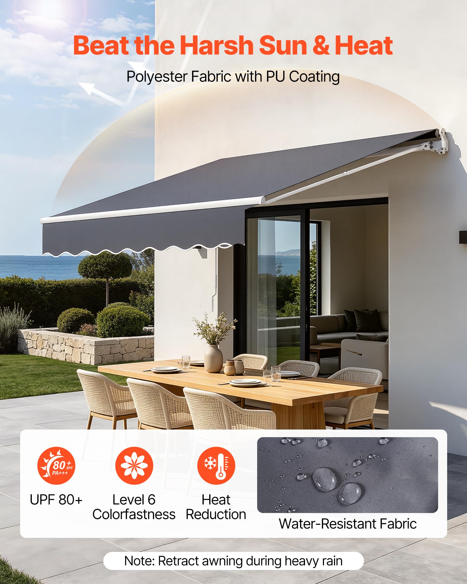 VEVOR Store Banne Manuel 300x250 cm Auvent Rétractable pour Terrasse et Balcon, Extérieur, Devantures de Cafés, de Restaurants, de Boutiques, avec Manivelle, Angle d'Inclinaison 45°-85°, Gris Foncé