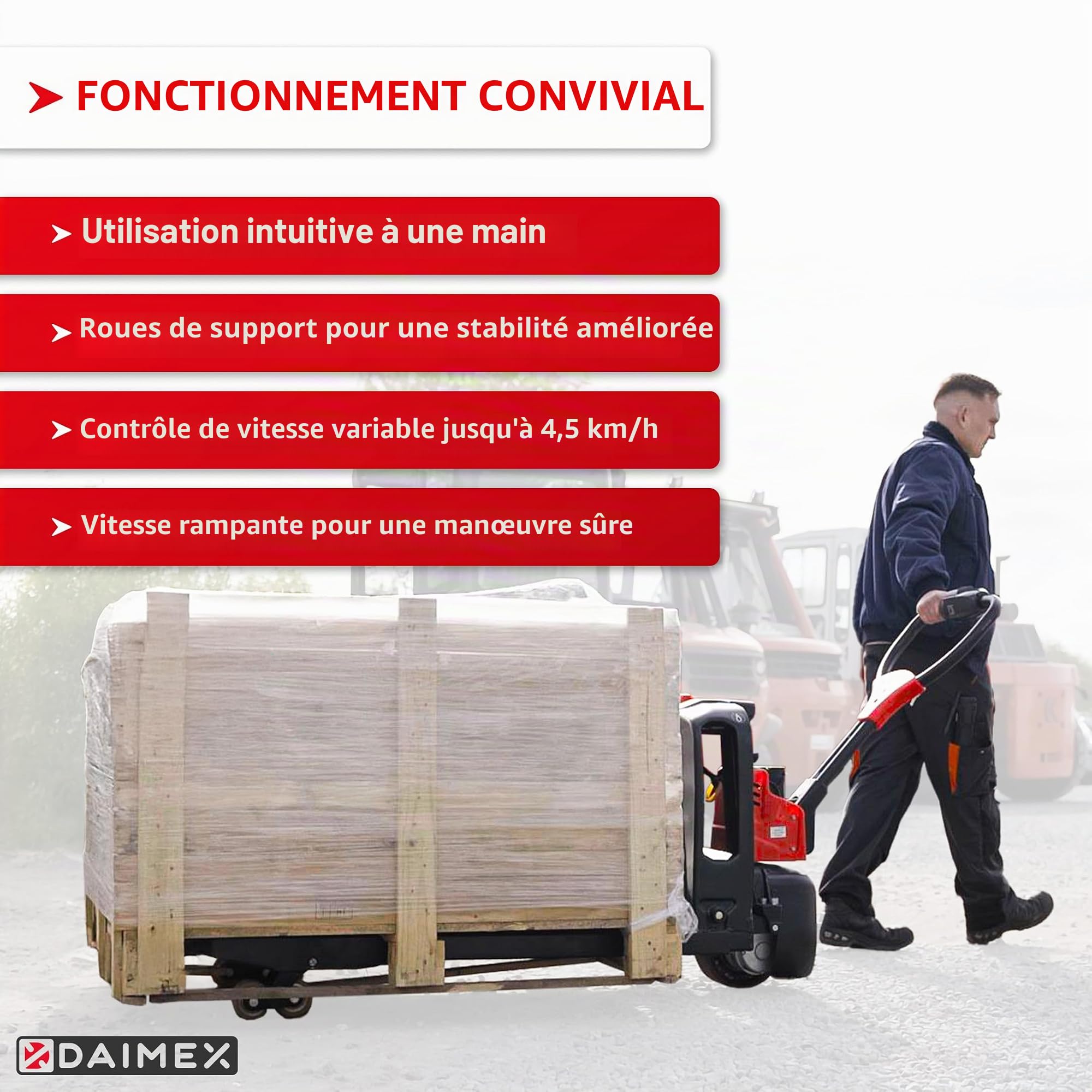 Chariot Élévateur Électrique Daimex | Capacité de Charge 1,500 kg | Longueur de Fourche 1,150 mm | Batterie Lithium-Ion 20 Ah | Volant en Polyuréthane | Rouleaux Tandem | Conçu pour un Usage
