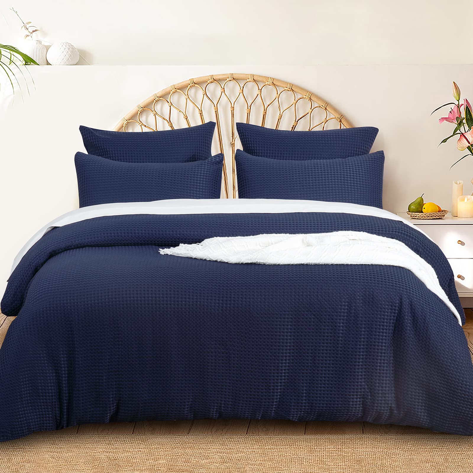 PHF Waffle Weave Duvet Cover Set Queen Size, 3PCS Washed Microfiber Boho Comforter Cover Set, Ultra Soft Comfy Duvet Cover with Pillow Shams Bedding Collection, 90"x90", Navy Blue