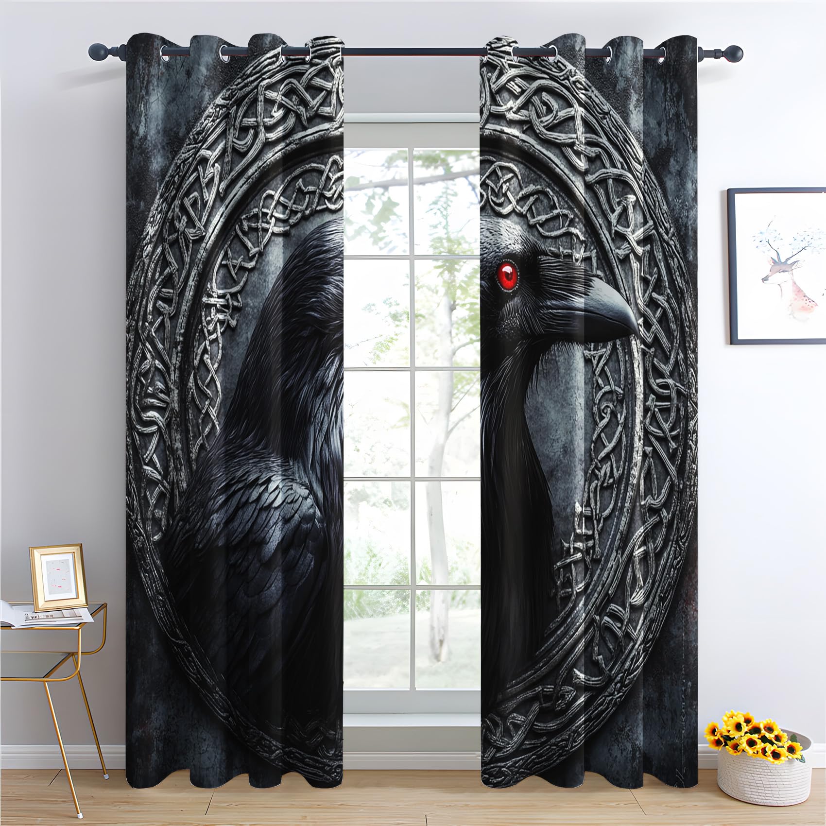 Generisch Vorhänge Wikinger Rabe Wohnzimmer Schlafzimmer, Vorhang Gothic Blickdicht Ösen, Fenster Gardinen, Verdunklungsvorhänge Thermovorhang, 2er Set Curtains, H 245 x B 140 cm MHGo28