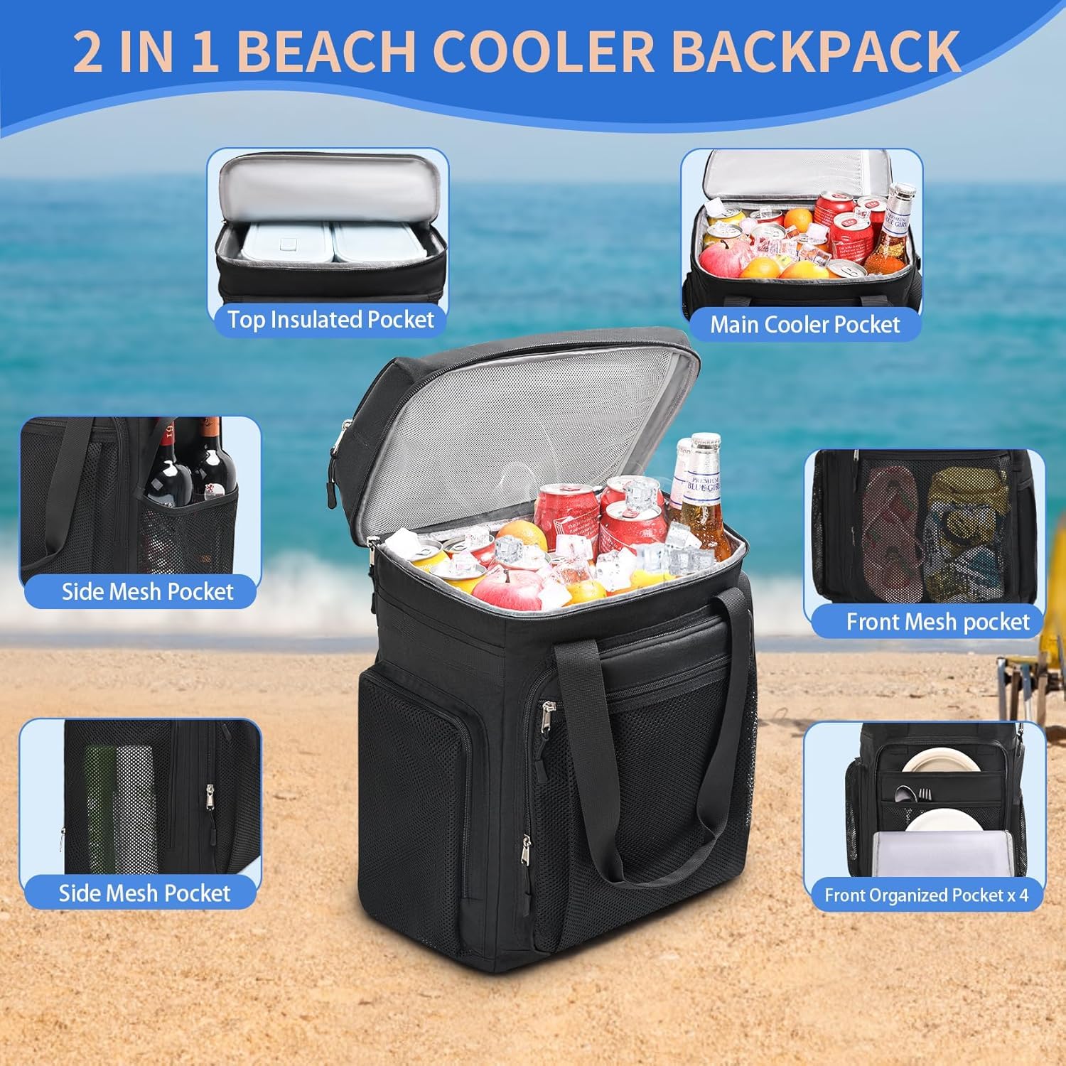 Estarer Kühlrucksack 35L Kühltasche Picknickrucksack Wasserdichter Rucksack zum Kühl mit Flaschenöffner beim Camping, Wandern und Strand