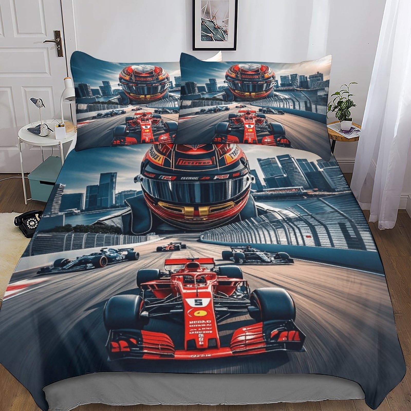 DAFUfbw Breathable Ferrarii Racing Bedding Set King（220x240cm）, Formulaone Duvet Cover Set with Pillowcases Soft Microfiber, 3D Ferrarii Racing Printing Comforter