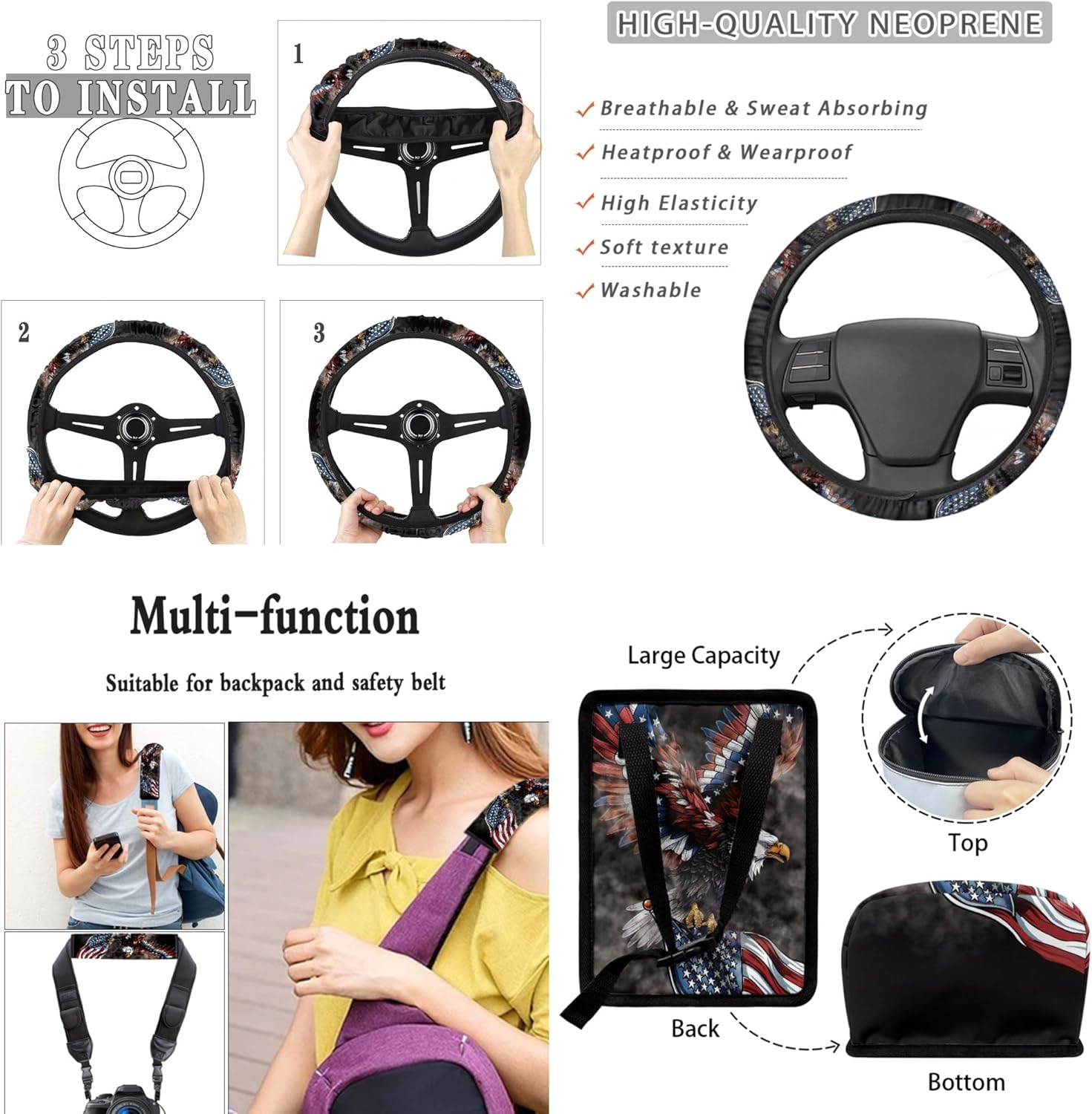 CLOHOMIN American Flag Car Seat Cover Set Eagle Car Steering Wheel Cover Seat Belt Pads Gabage Bin Car Air Vent Organizer Rearview Mirror Cover Cup Holder Wristlet Lanyard Keychain 15 Pack