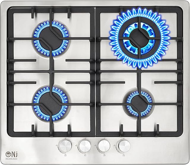 NJ-600S Gas Hob 4 Burner - 60cm Built-in Stainless Steel Cooktop NG/LPG Convertable Cooker with Cast Iron Supports & FFD