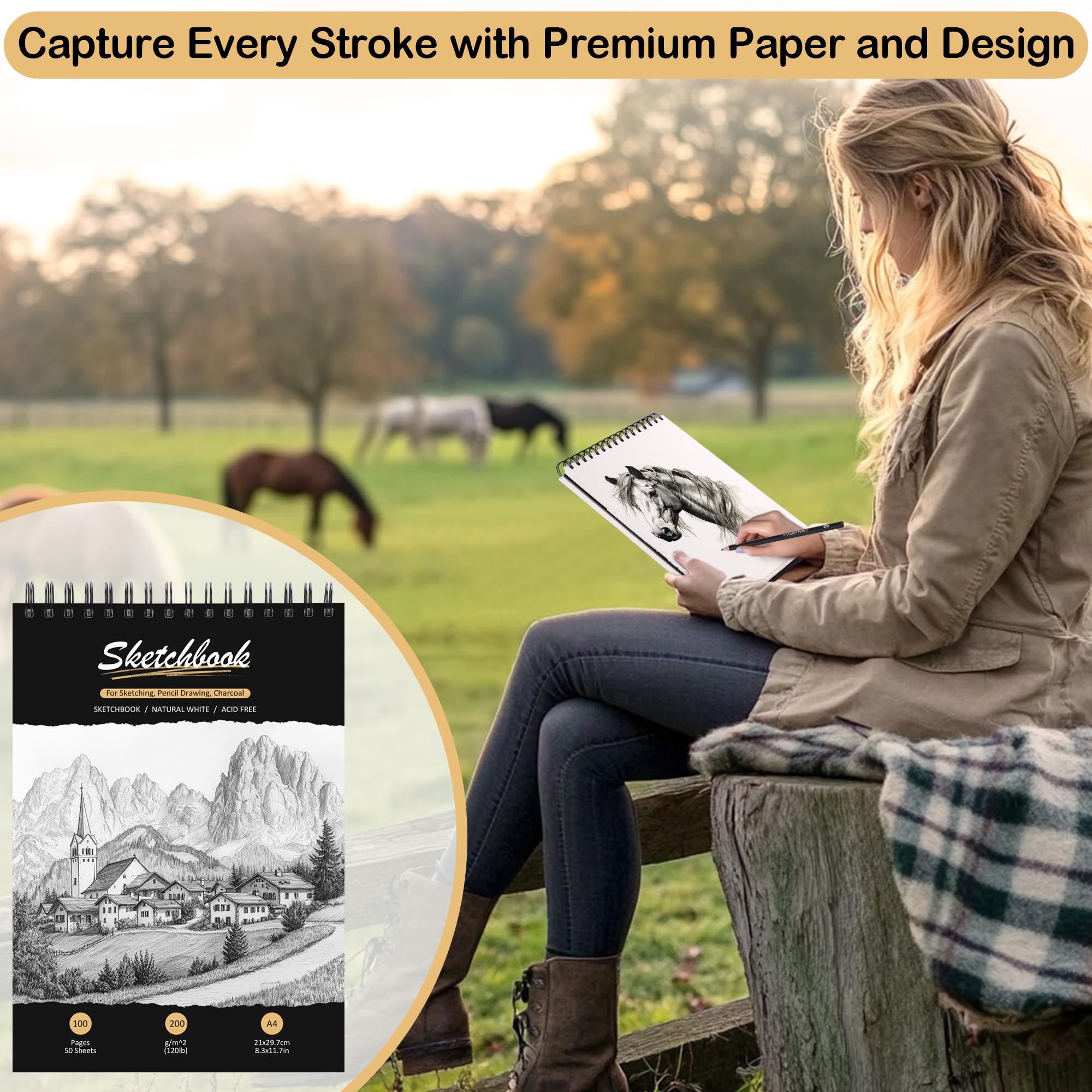 DazSpirit Cuaderno de Dibujo A4, Sketchbook con Tapa Dura y Papel Grueso 200g/m², 12 Lápices de Dibujo & Gomas, Bloc de Dibujo Espiral, 50 Hojas/100 Páginas, Perfecto para Lápices, Carbón, Pasteles