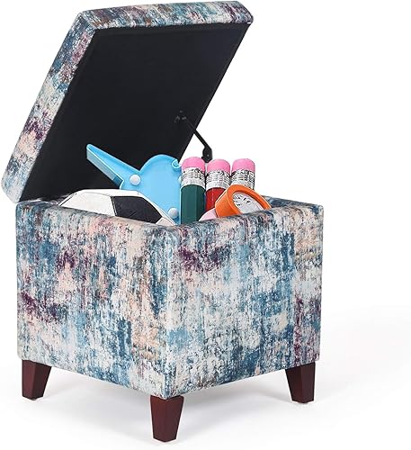 Miniatura 28 de Homebeez Taburete otomano de almacenamiento con reposapiés otomano con tapa con bisagras/patas de madera (flor 2) Flor-2,Beige,Con