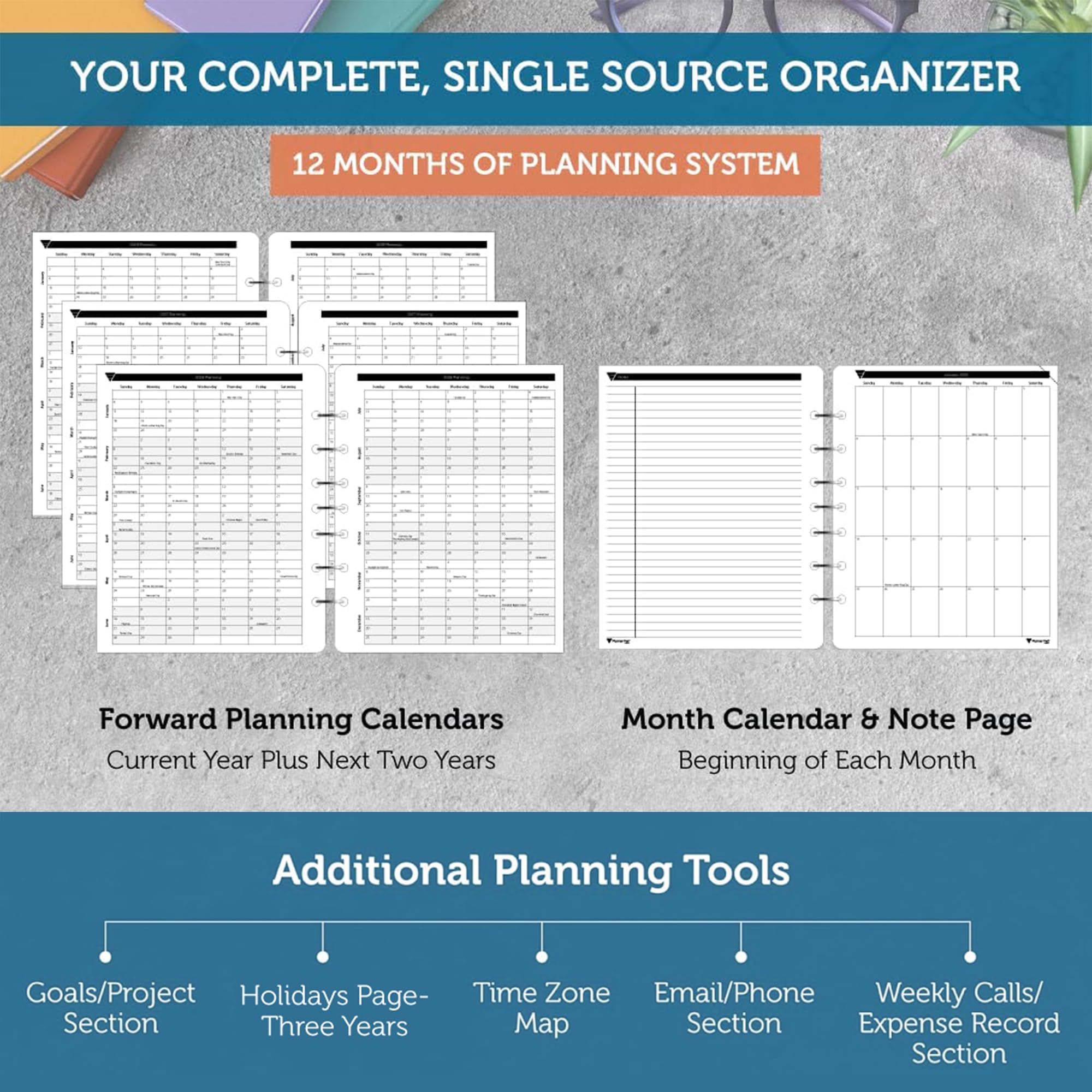 Planner Pad Agenda a 7 fori da gennaio-dicembre 2027, calendario annuale 6 3/4" x 8 1/2" medio a 3 livelli imbuto giù 12 mesi/settimanale, inchiostro nero