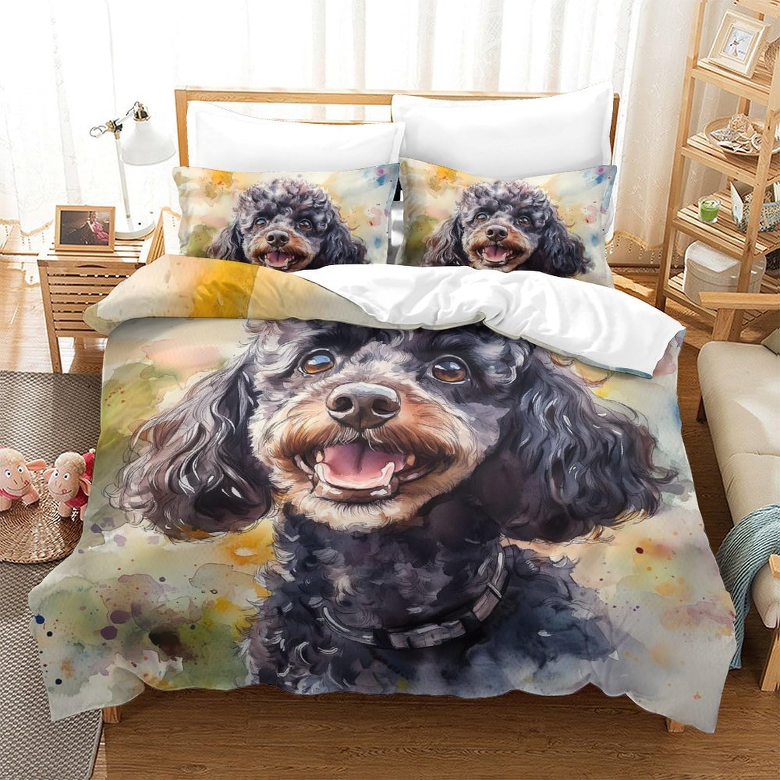 Linge de lit aquarelle caniche idée cadeau passionnés de chiens 260x220