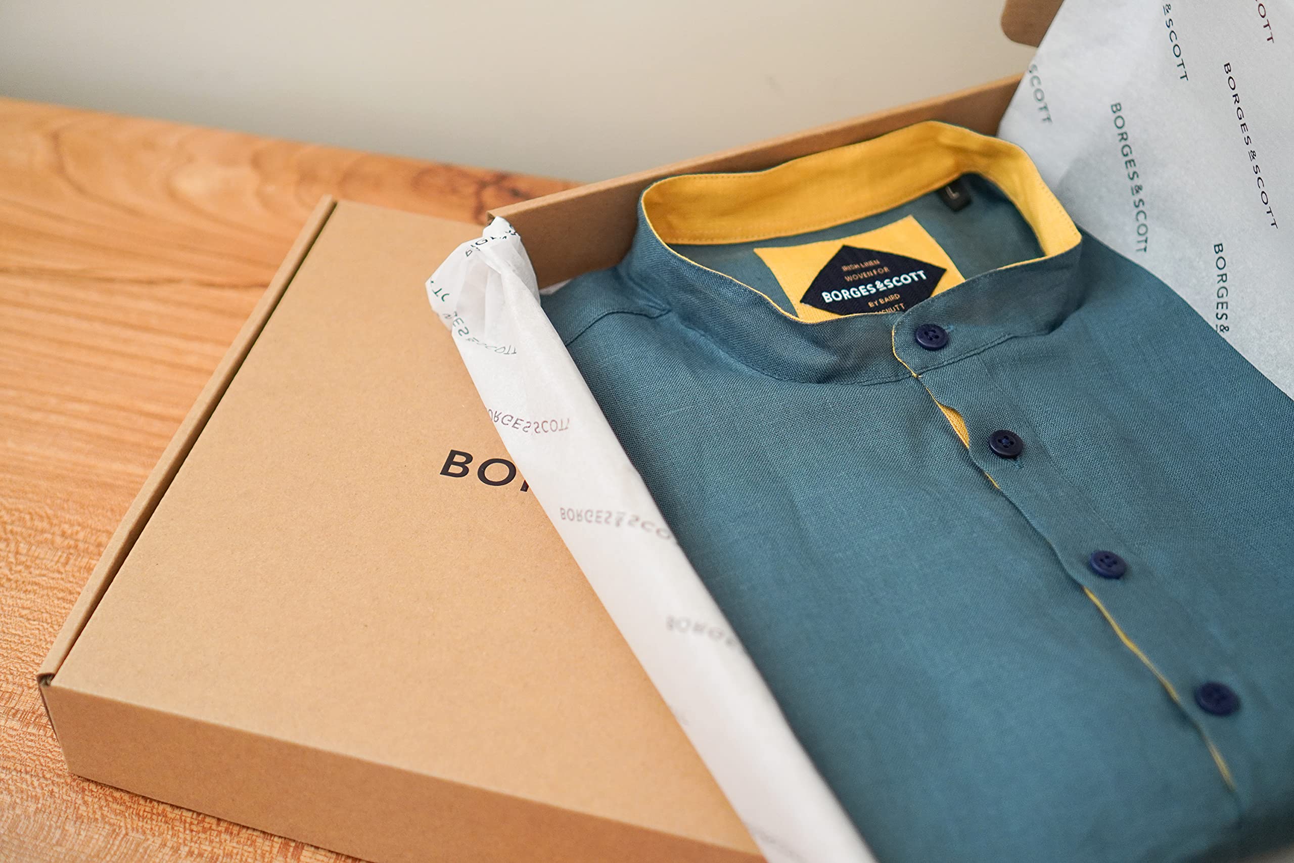 Borges & Scott - Camisa 100% Lino irlandés Grandad Henley - Manga Larga, Teal, L