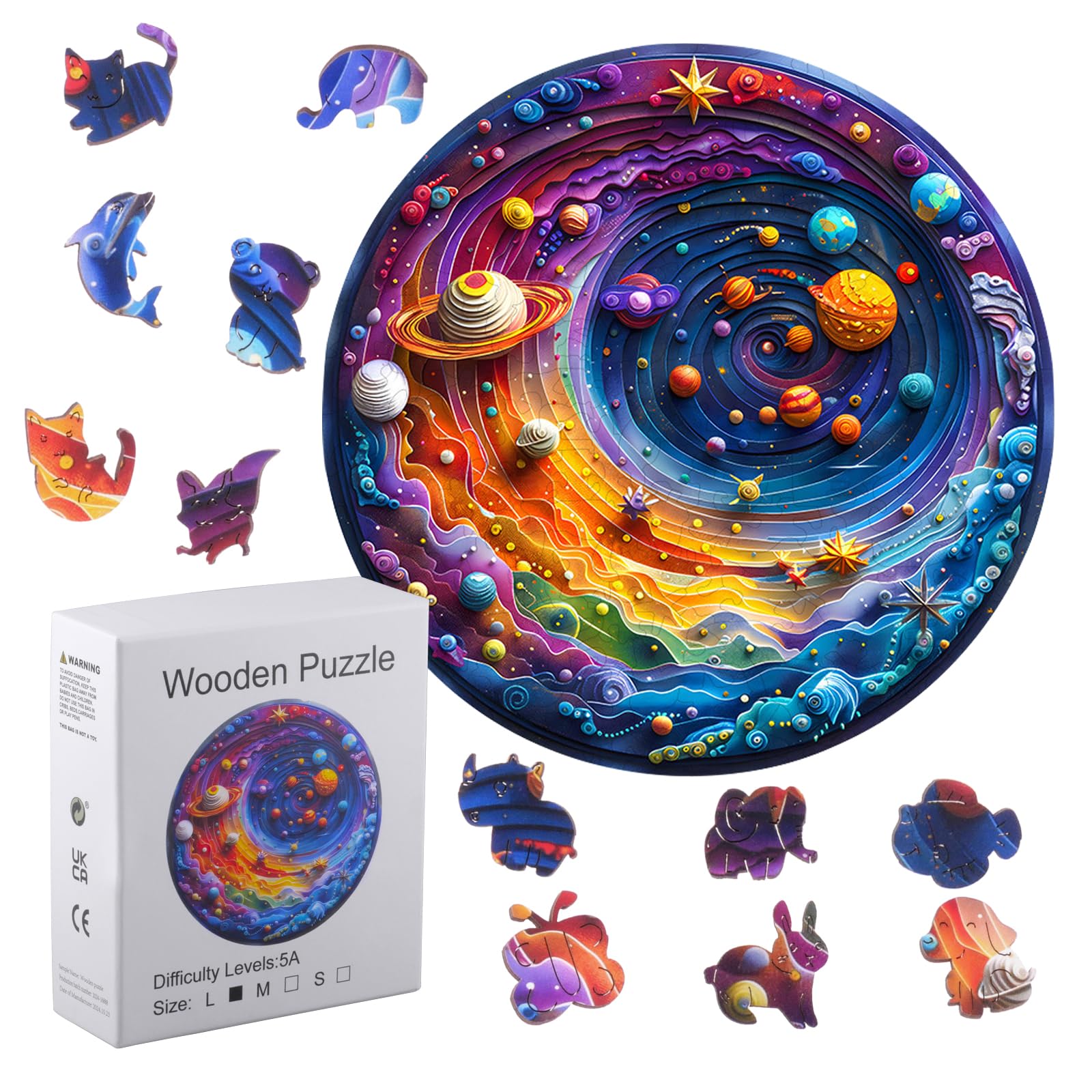 Rongxze 29cm Wooden Jigsaw Puzzle - Cosmic Galaxy with Animals - 3D Elements - Layered Puzzle for Adults and Children