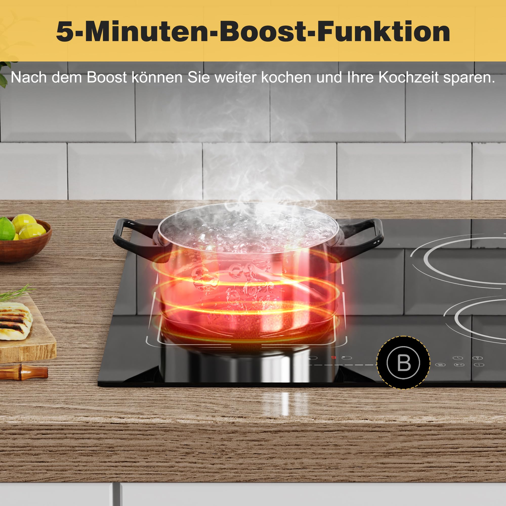 Induktionskochfeld 60 cm mit Stecker, Autark 4 Platten Einbau Kochfeld Induktion mit Flexzone, 3500W Induktionsherd mit Booster Timer Kindersicherung