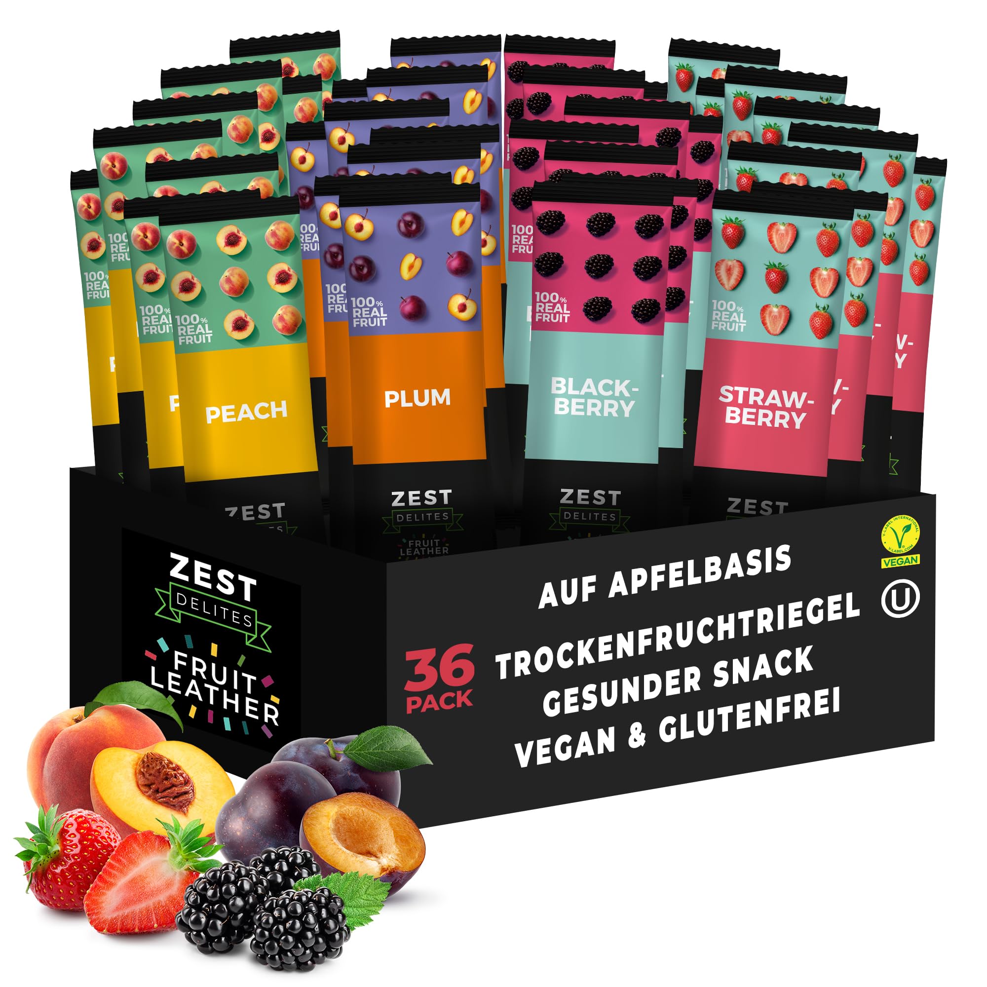 Zest Delites Fruchtriegel Süßigkeiten, Glutenfreie Lebensmittel, Zuckerfreie Süssigkeiten, Getrocknete Früchte, Gesunde Snacks, 25 g Packung mit 36 Stück Erdbeere, Brombeere, Aprikose, Pflaume
