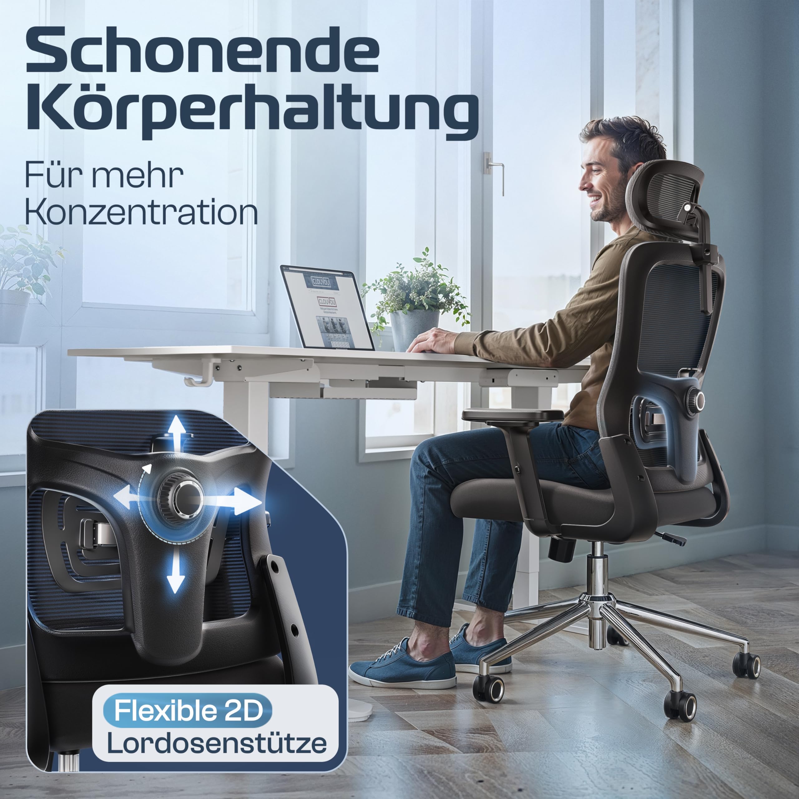 CLOUVOU BrightSeat Bürostuhl Ergonomisch [TESTSIEGER] | Drehstuhl 150kg Schreibtischstuhl | Büro Stuhl & Gaming Stuhl | Home Office Chair Ergonomic | Atmungsaktiver Computerstuhl