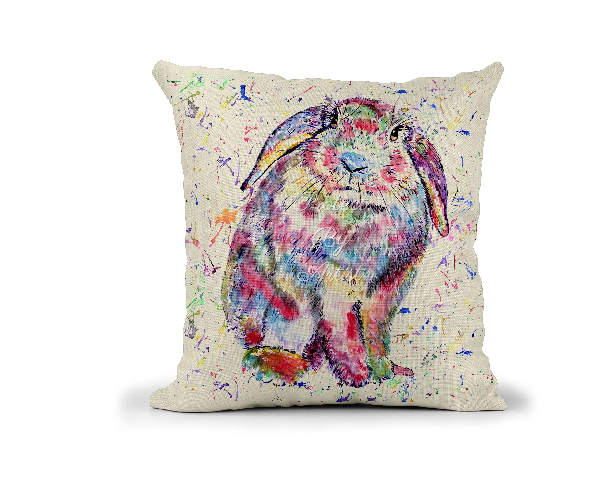 Vixar Lop Rabbit Bunny Eared Watercolour Rainbow Art Linnen Cushion With Filling Or Cover Only, 40X40cm, Gift, Christmas, Birthday (With Insert)