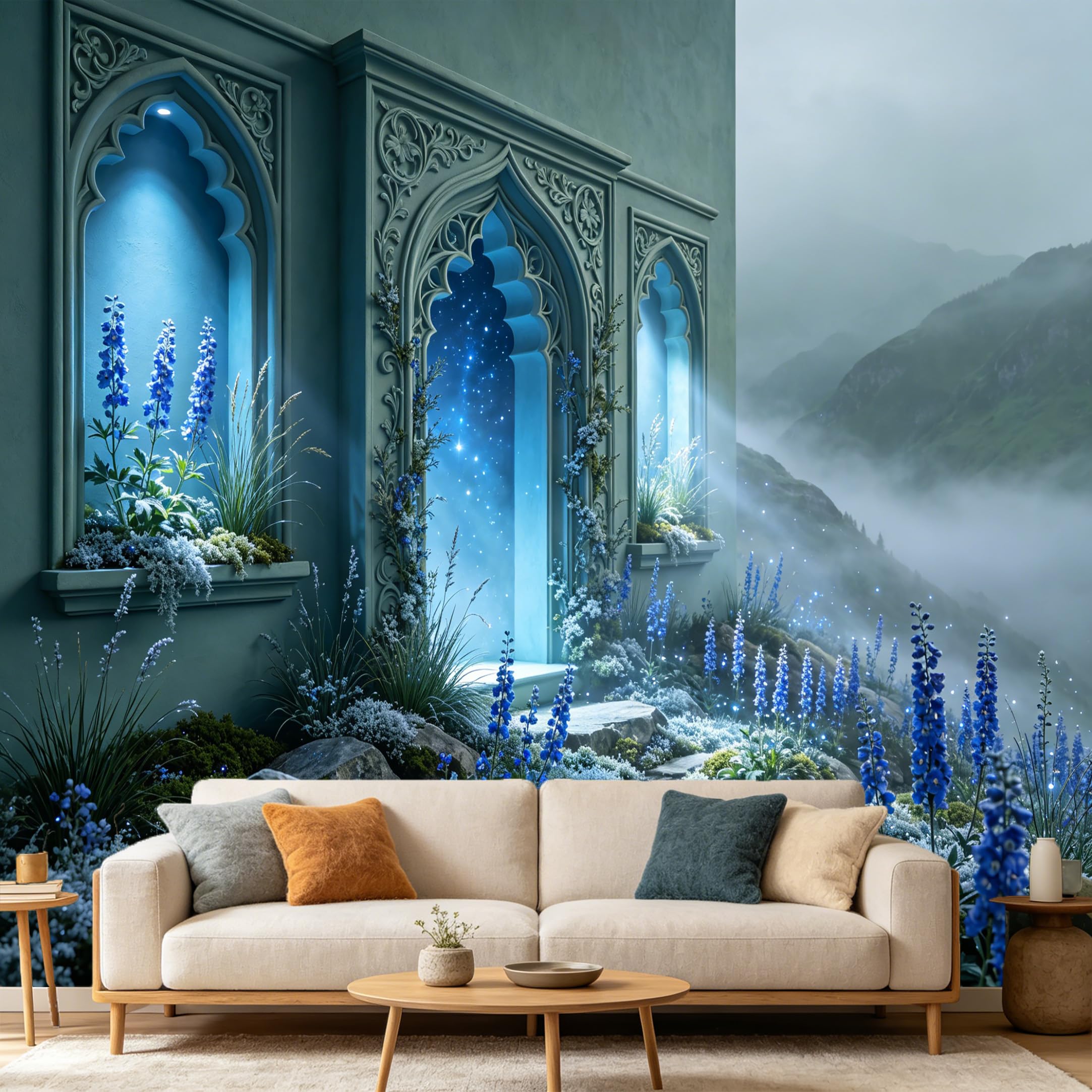 Custom Size Wall Mural， 3D Gothic Archway Blue Floral Misty Mountain， SelfAdhesive Art Prints wall Fabric Removable Large Wallpaper Home Living Room Decor