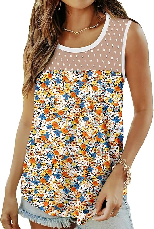 KISSMODA Womens Flora Print Tank Tops Ribbed Summer Shirt Sleeveless Summer Casual Women Blouses(S-3XL)