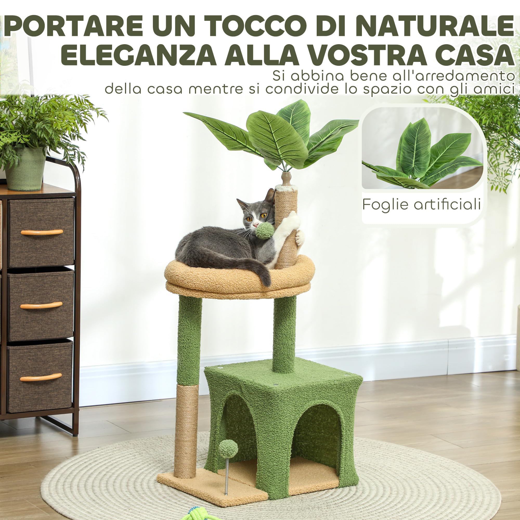 PawHut Albero Tiragraffi per Gatti con Foglia di Palma, Casetta, Lettino e 2 Palline, Torre per Gatti in Legno e Poliestere, 44x30x98 cm, Verde e Marrone